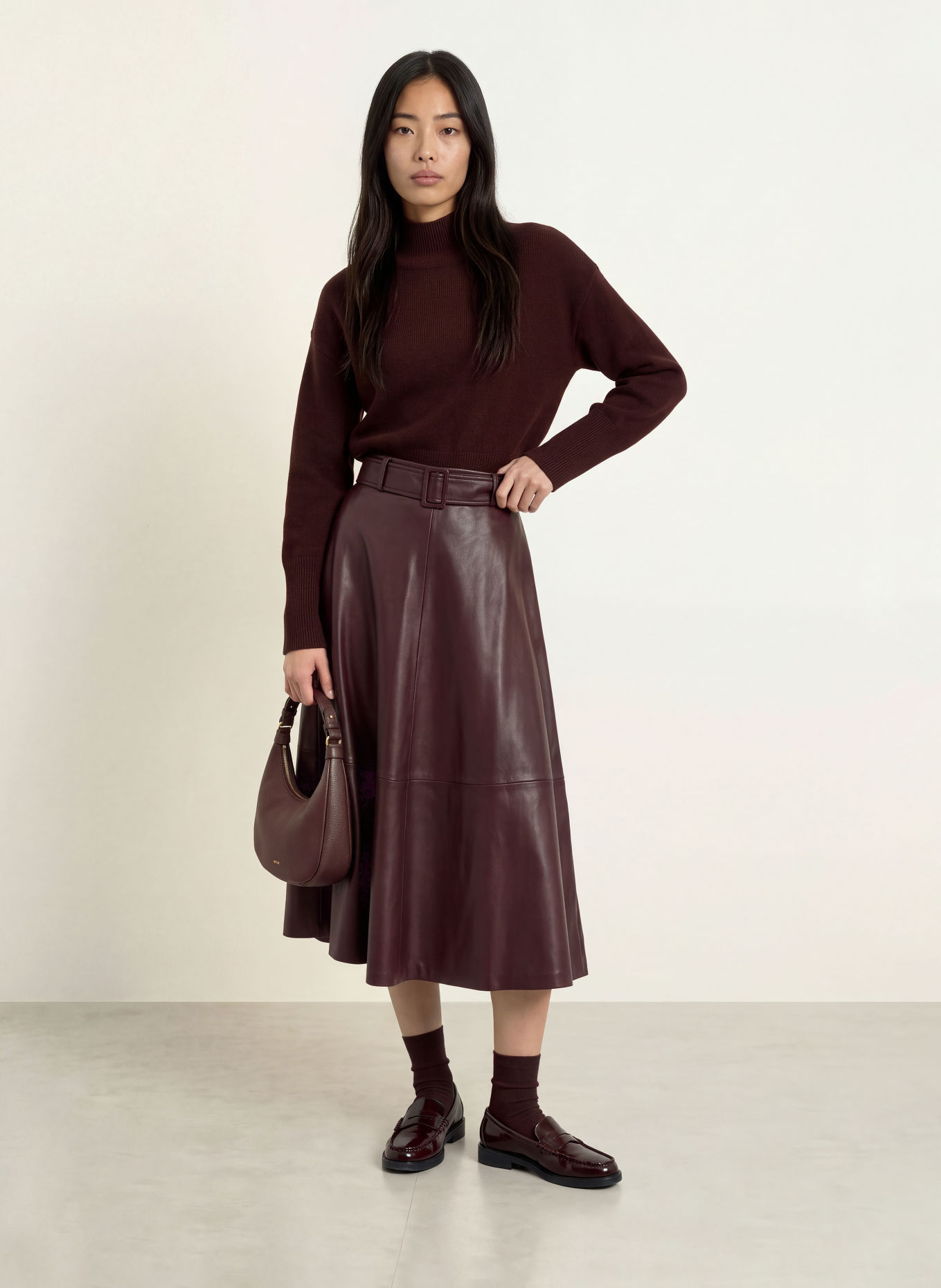 SUNCOO FLEUR Leather-Look Skirt: DARK BROWN