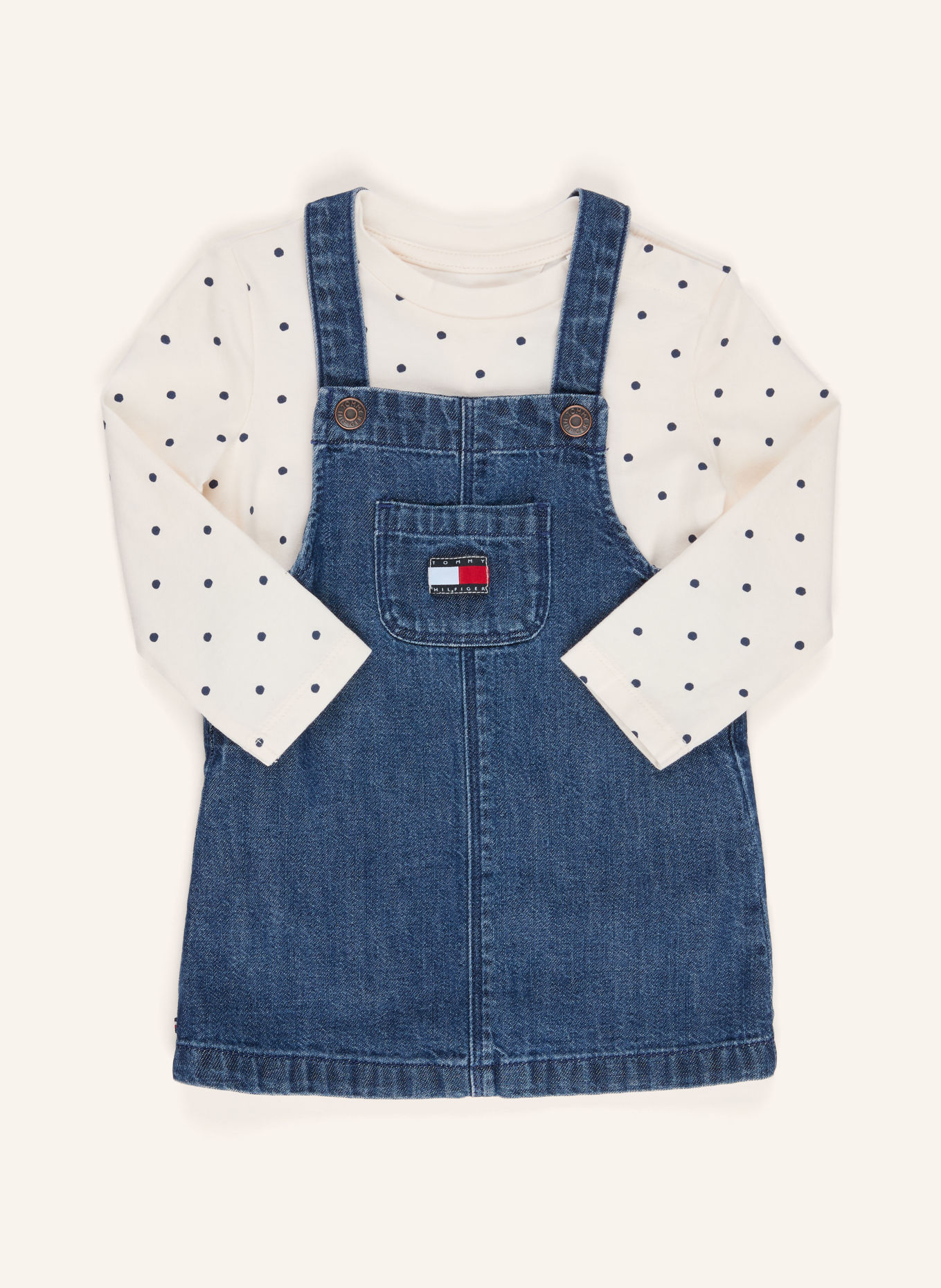 TOMMY HILFIGER Set PINAFORE: Longsleeve en spijkerjurk: BLAUW / WIT / ZWART