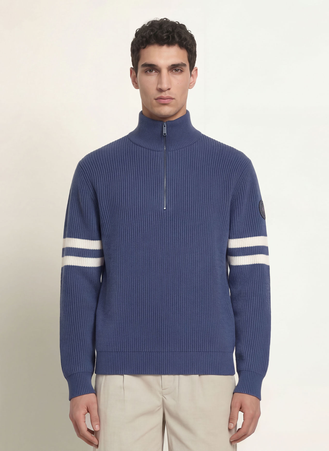 CANADA GOOSE MCKINNEY Half-zip sweater made of merino wool: BLUE / CREAM