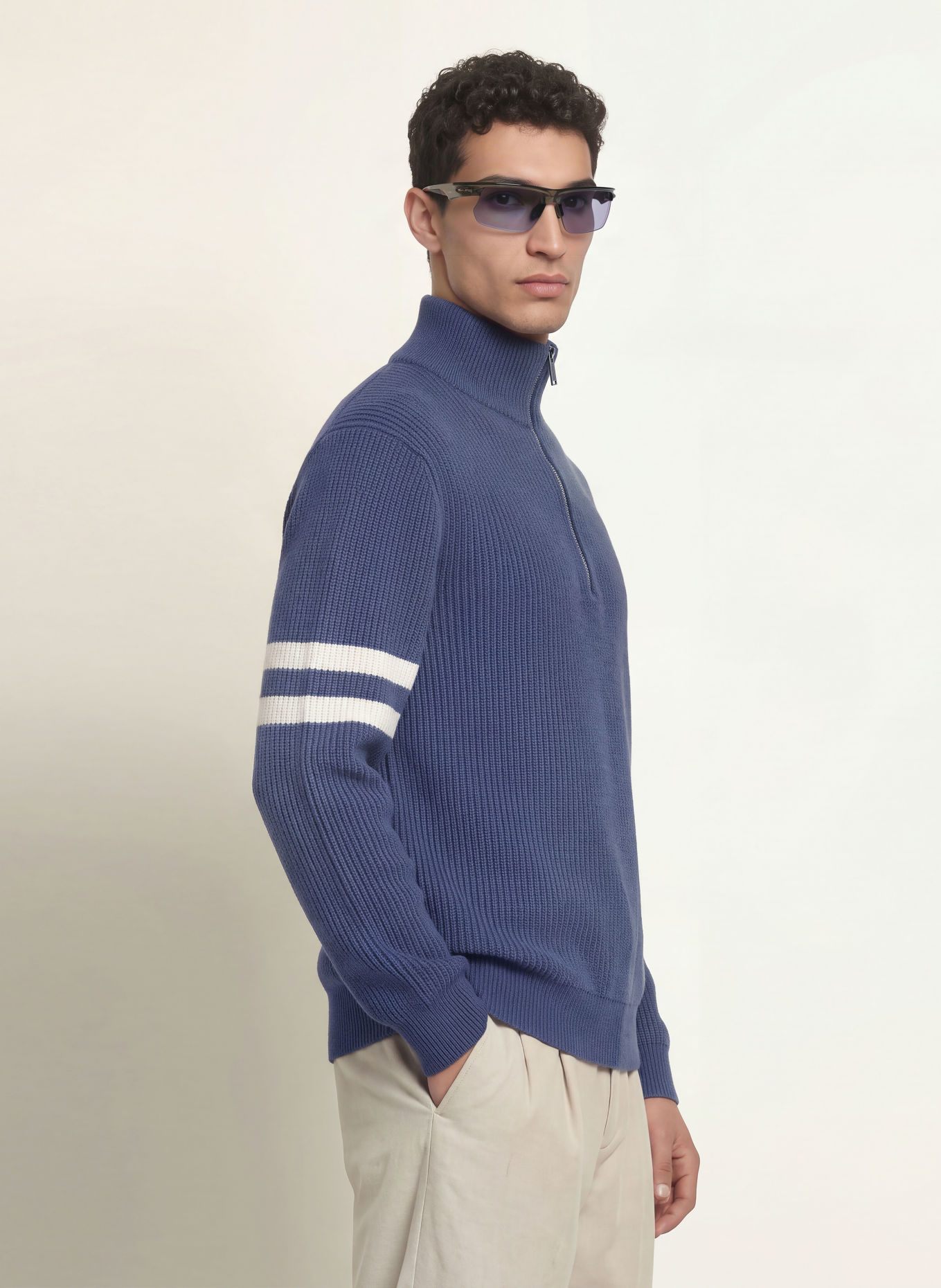 CANADA GOOSE MCKINNEY Half-zip sweater made of merino wool: BLUE / CREAM