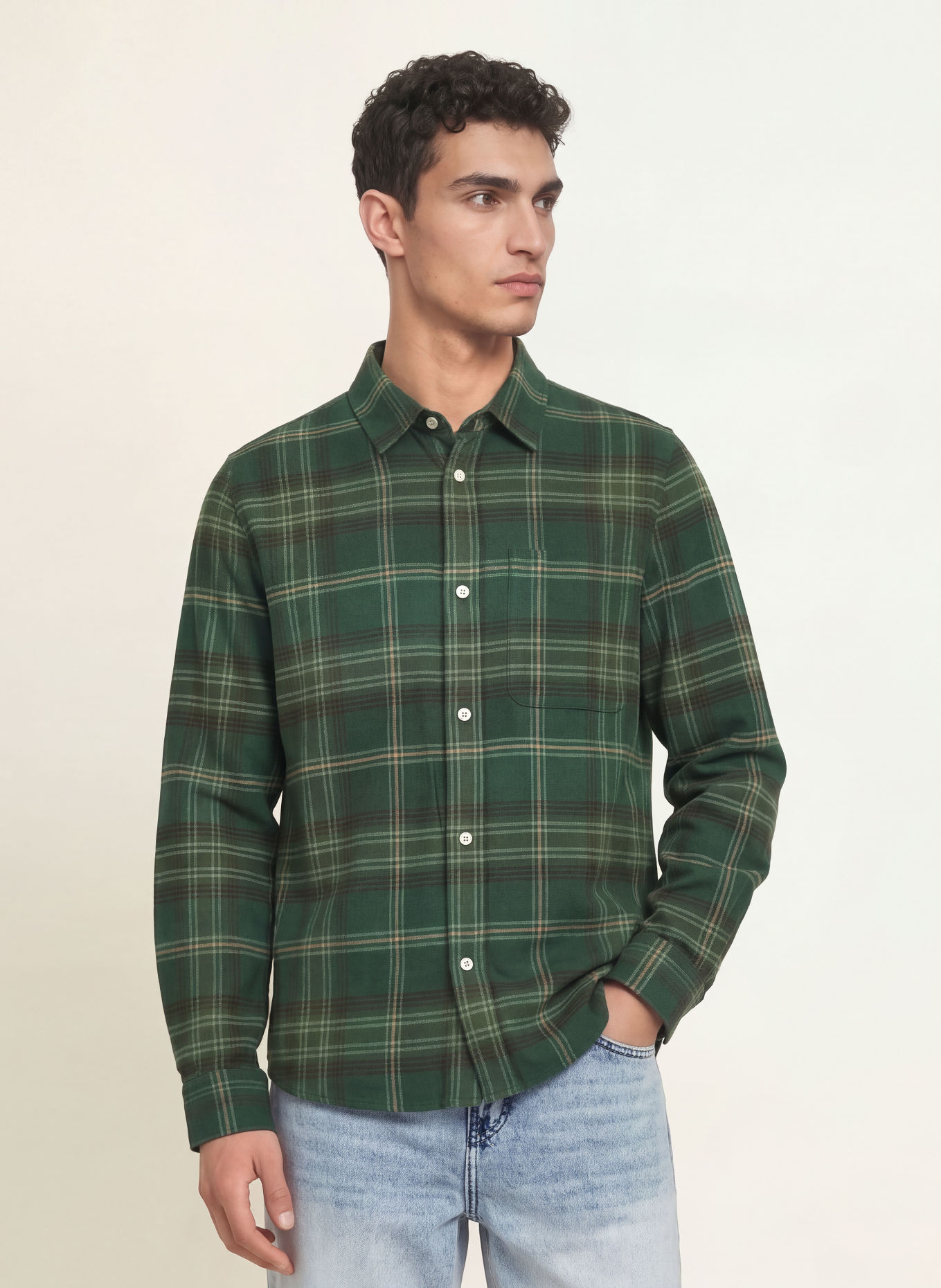 LES DEUX Comfort Fit Flannel Shirt: DARK GREEN / DARK BROWN / BEIGE