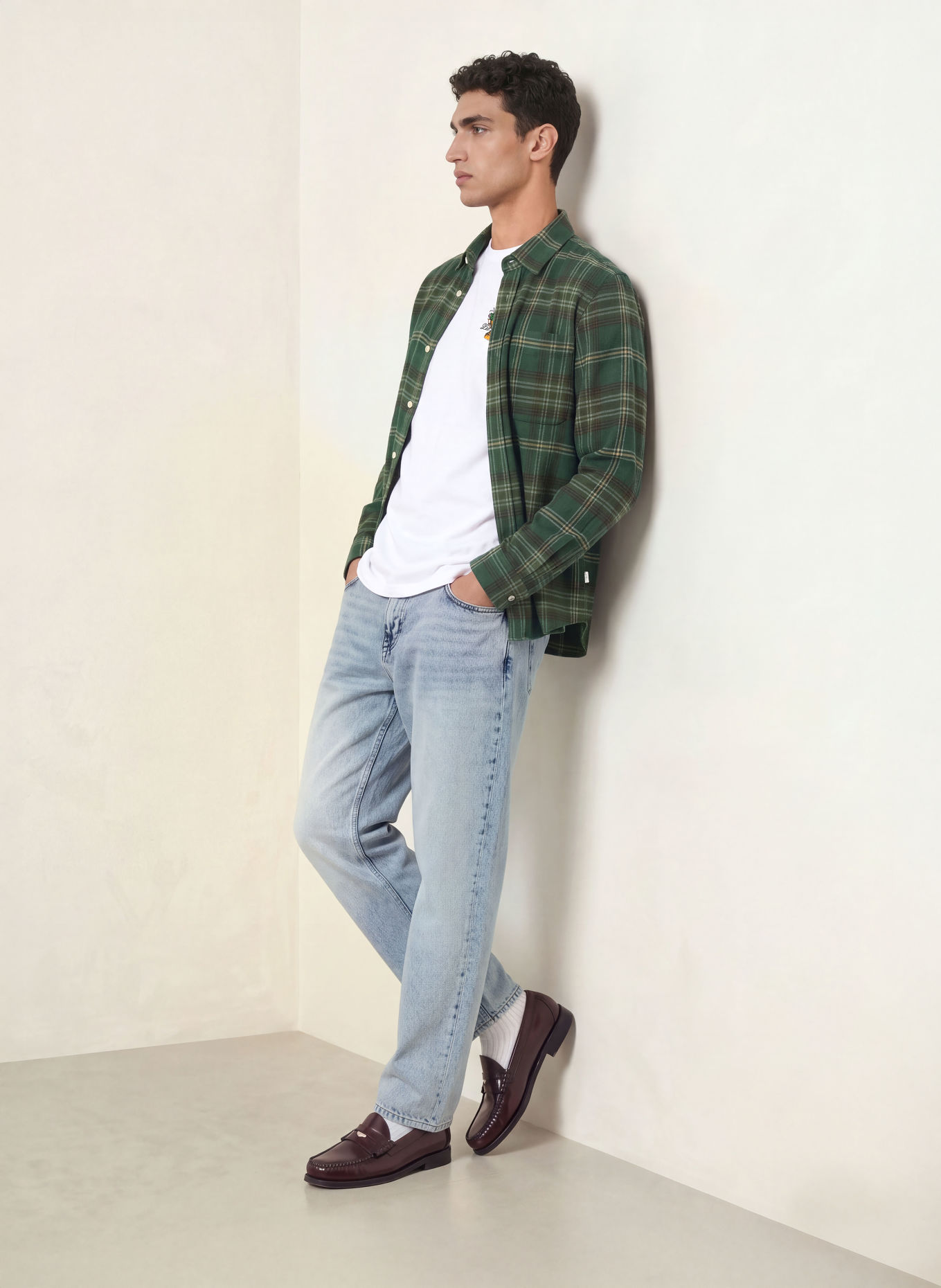 LES DEUX Comfort Fit Flannel Shirt: DARK GREEN / DARK BROWN / BEIGE