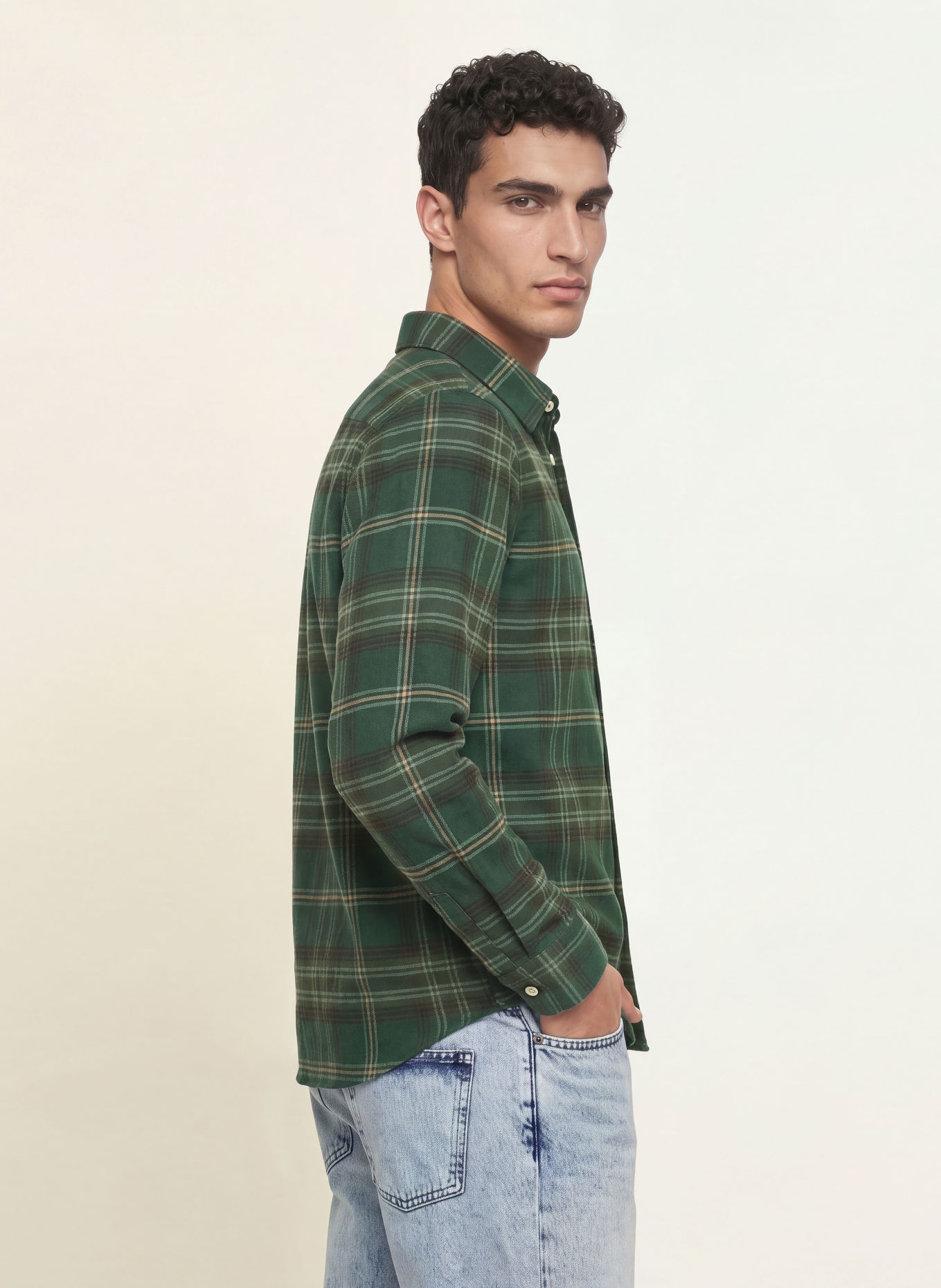 LES DEUX Comfort Fit Flannel Shirt: DARK GREEN / DARK BROWN / BEIGE