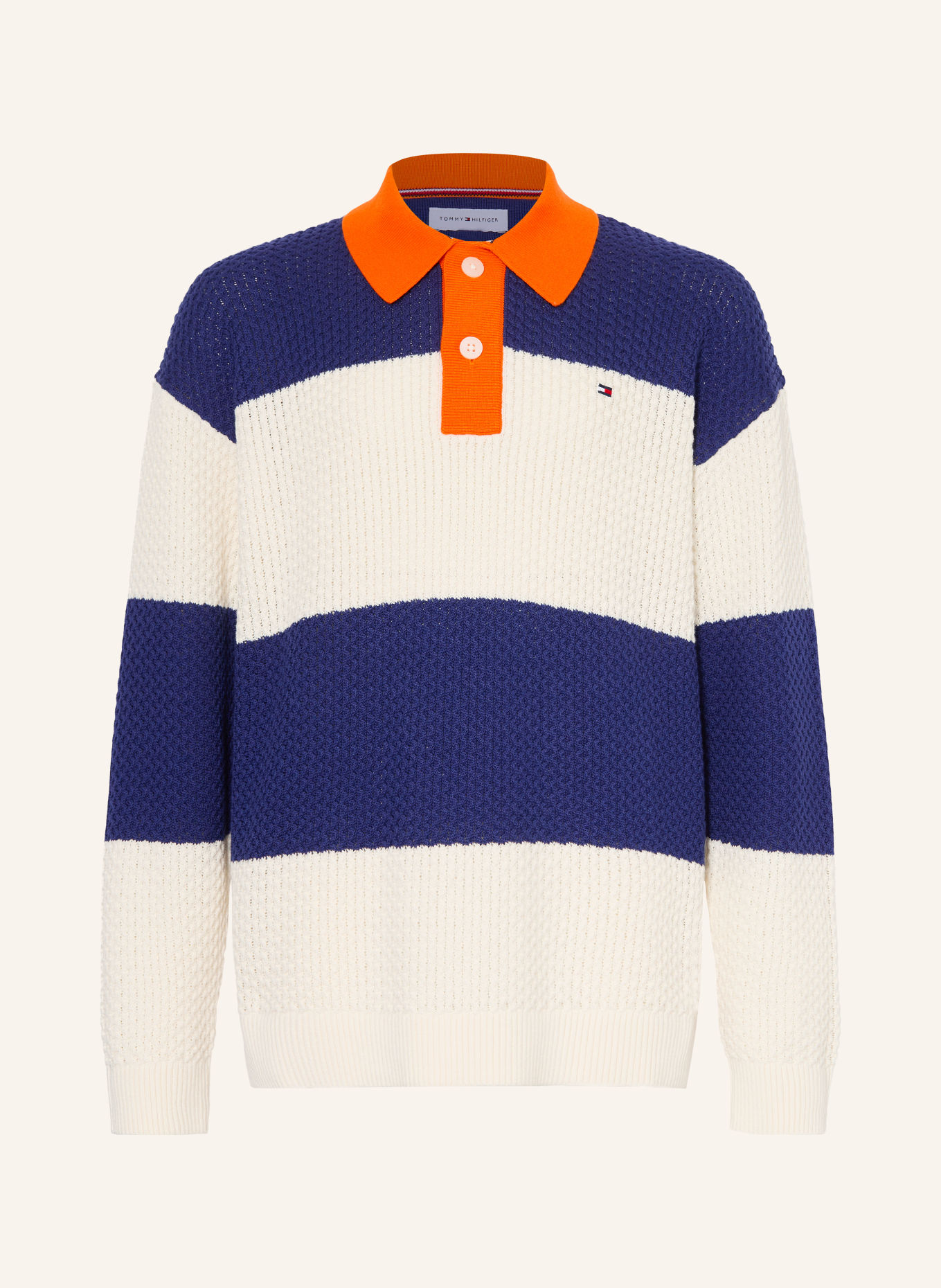 TOMMY HILFIGER Strick-Rugbyshirt: DUNKELBLAU / ORANGE / WEISS