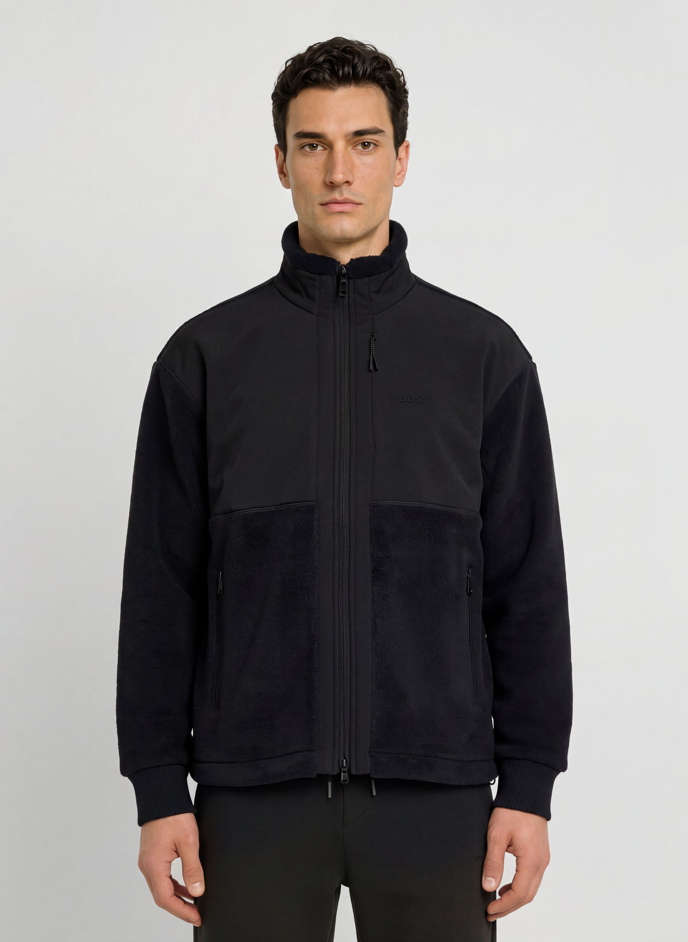 BOSS Fleecejacke SVEEDY im Materialmix: SCHWARZ
