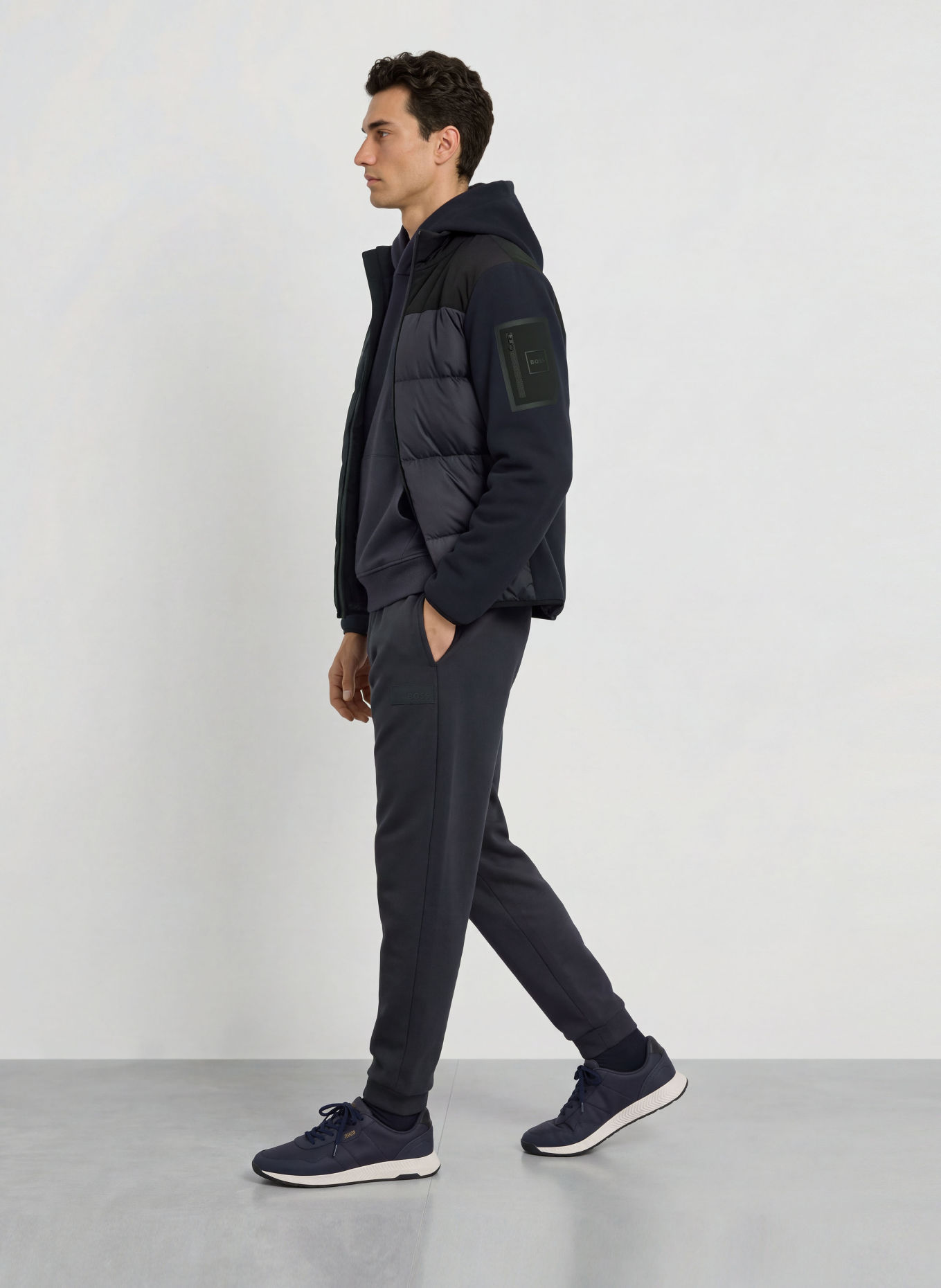 BOSS BLOCK Down jacket in a mix of materials: DARK BLUE / BLACK