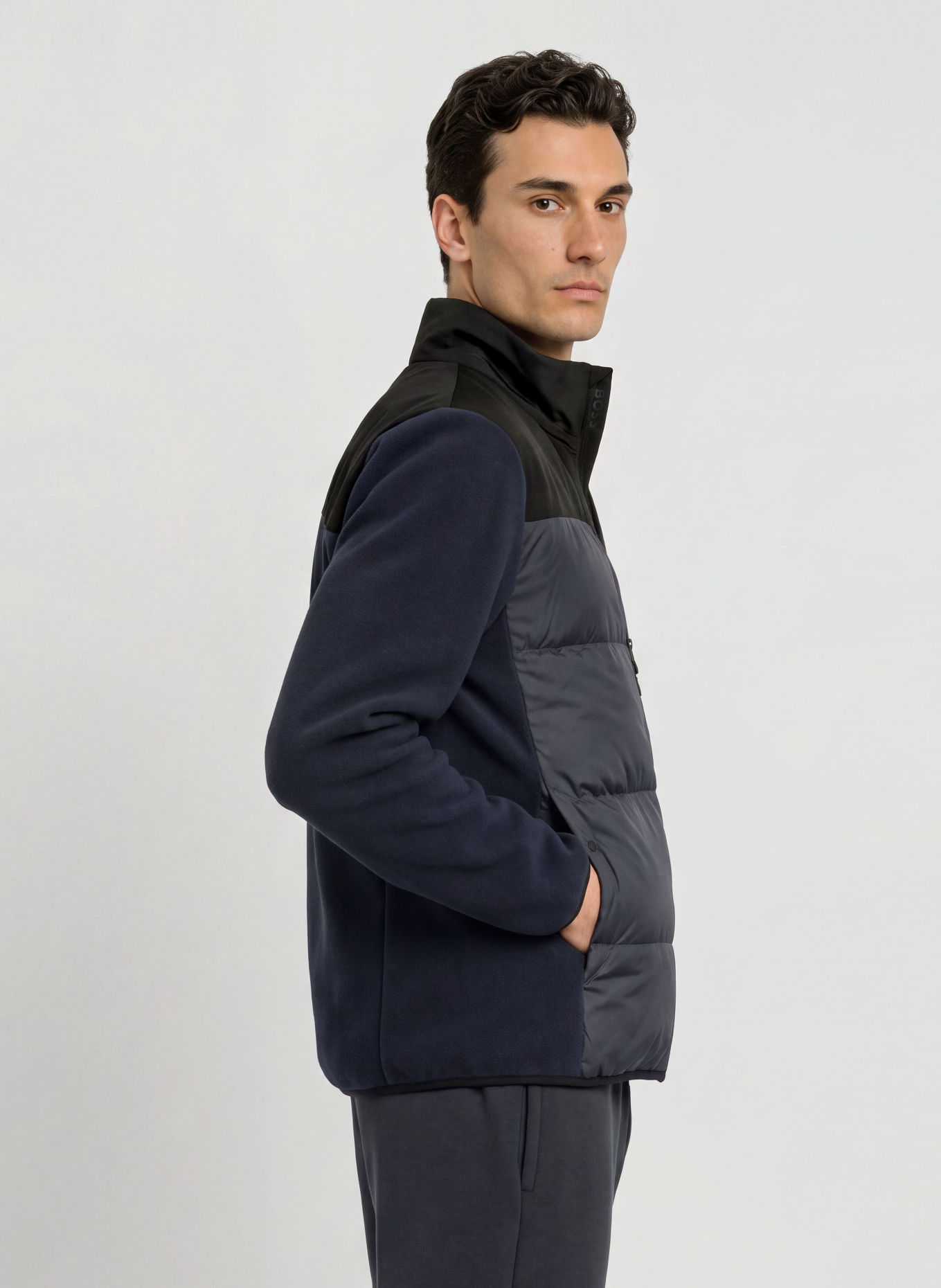 BOSS BLOCK Down jacket in a mix of materials: DARK BLUE / BLACK