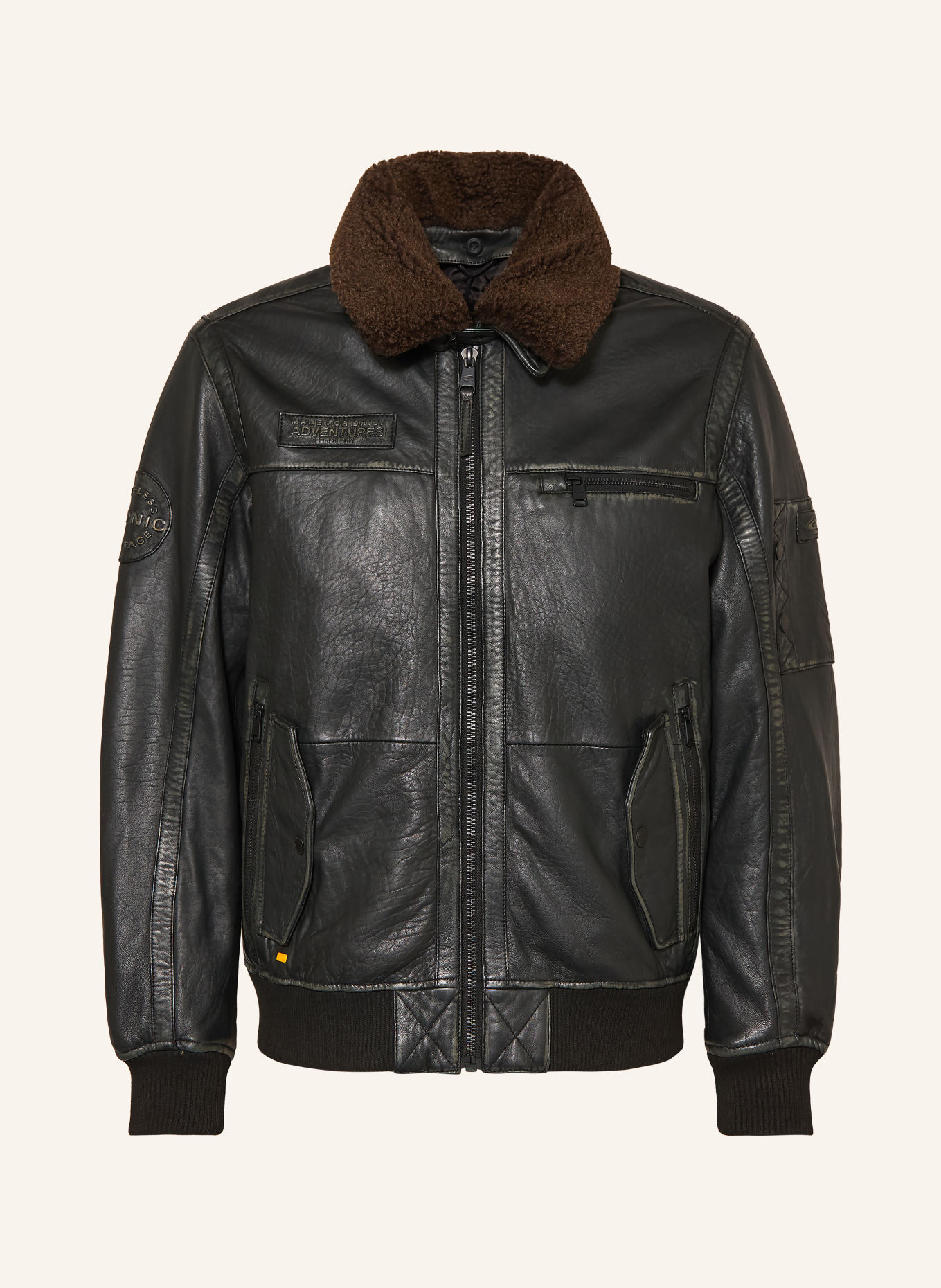 camel active Leather jacket with a detachable faux fur collar: BLACK / DARK BROWN