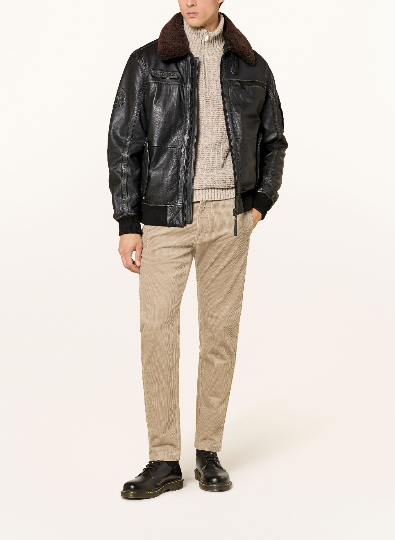 camel active Leather jacket with a detachable faux fur collar: BLACK / DARK BROWN