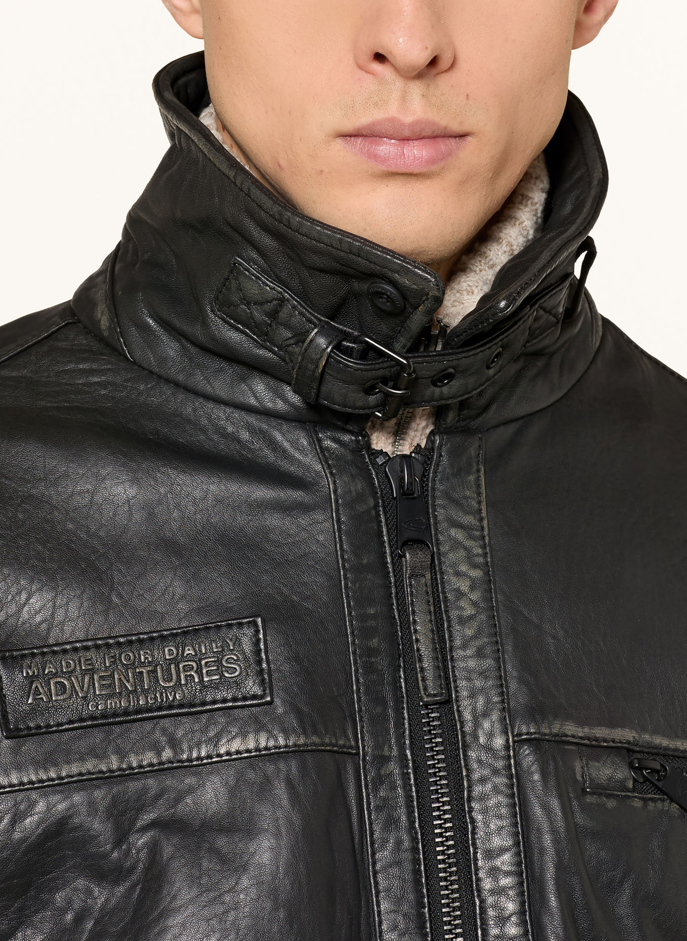 camel active Leather jacket with a detachable faux fur collar: BLACK / DARK BROWN