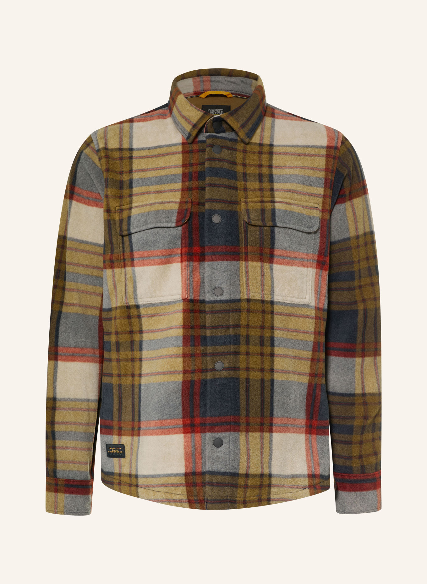 camel active Fleece-Overshirt: KHAKI / GRAU / DUNKELROT