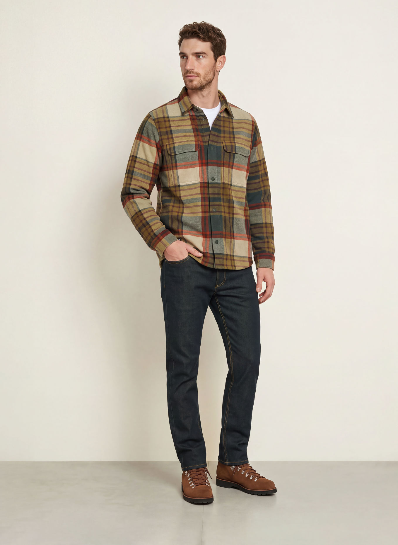 camel active Fleece-Overshirt: KHAKI / GRAU / DUNKELROT