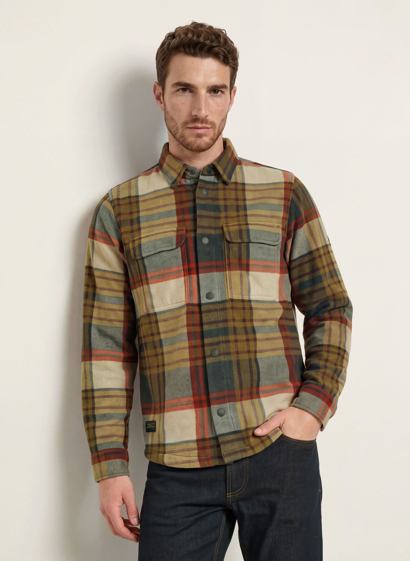 camel active Fleece-Overshirt: KHAKI / GRAU / DUNKELROT