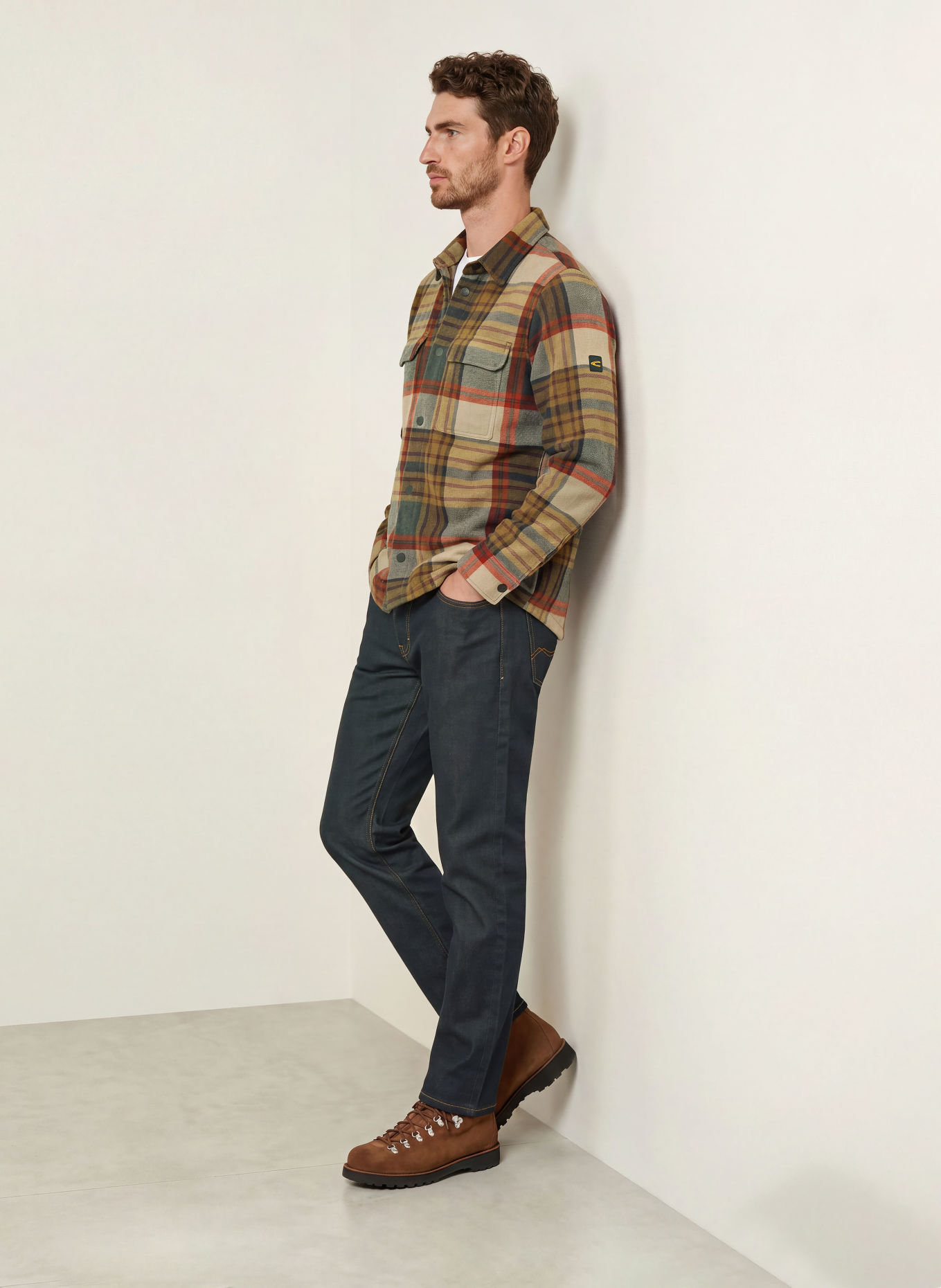 camel active Fleece-Overshirt: KHAKI / GRAU / DUNKELROT