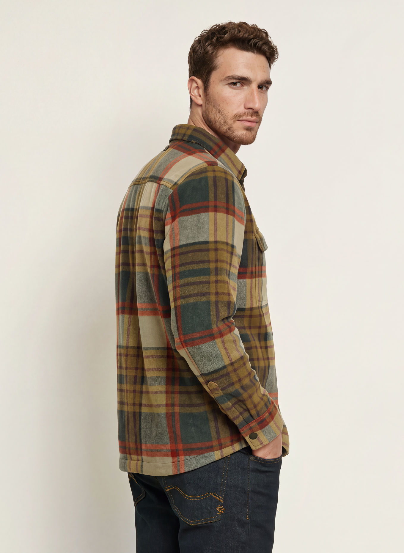 camel active Fleece-Overshirt: KHAKI / GRAU / DUNKELROT