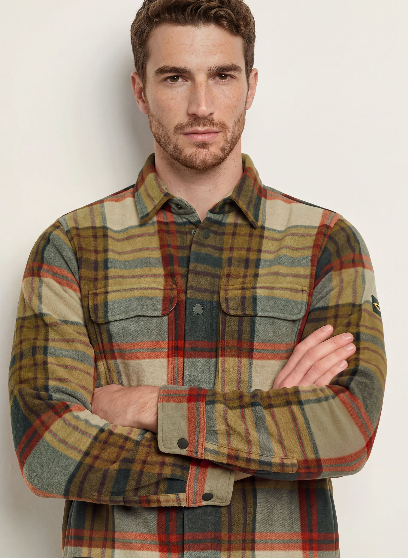 camel active Fleece-Overshirt: KHAKI / GRAU / DUNKELROT