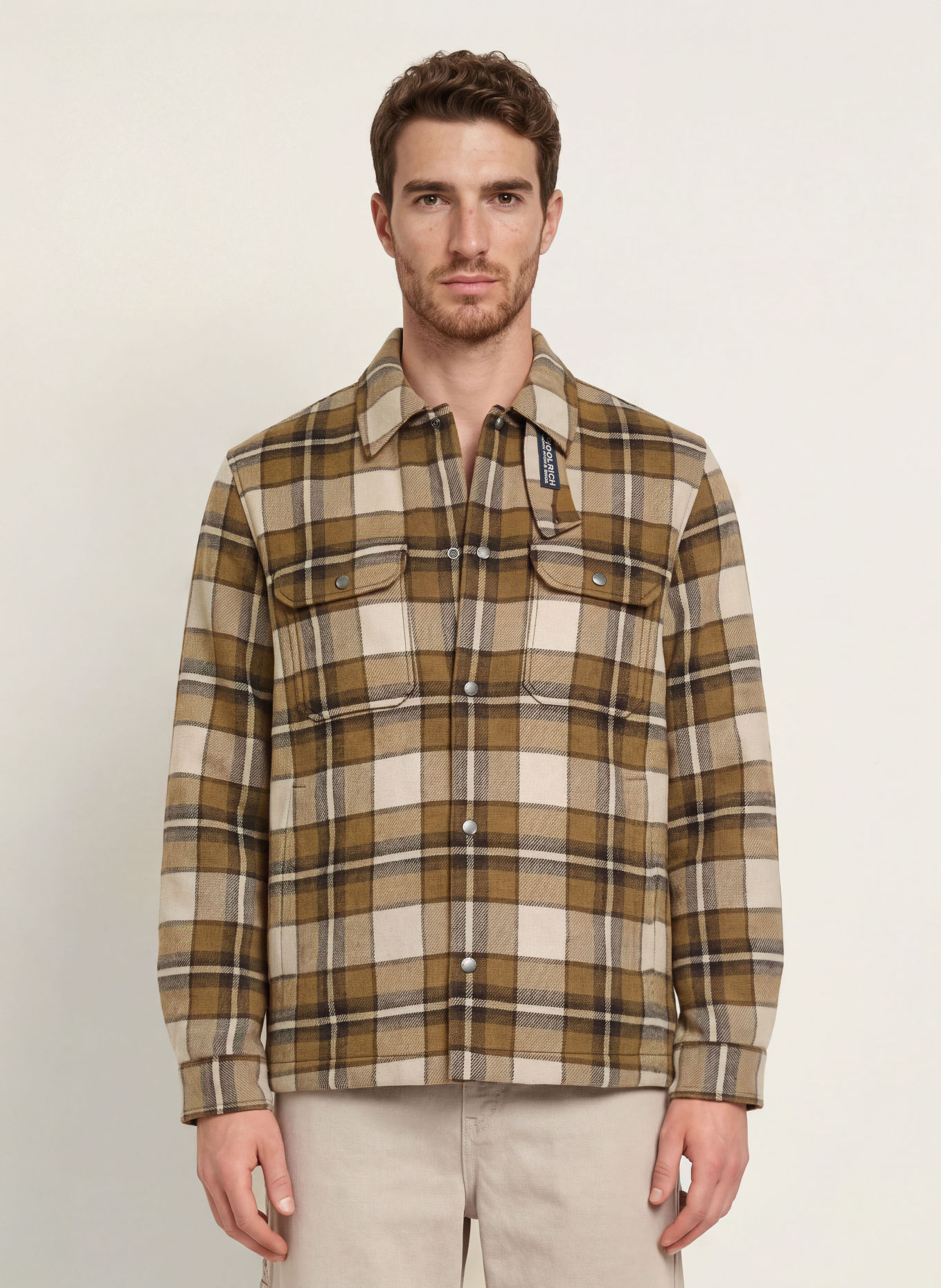 WOOLRICH Overshirt: COGNAC / CREAM / DARK GRAY