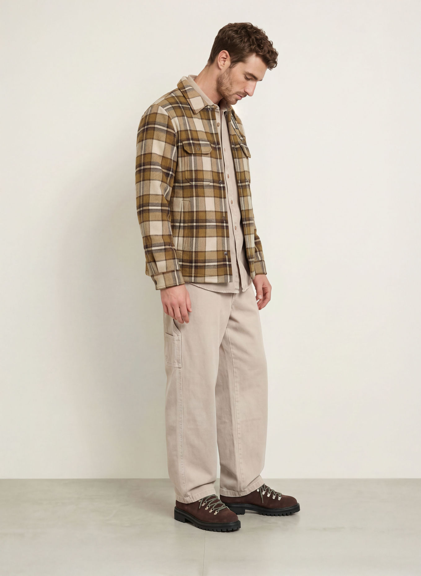 WOOLRICH Overshirt: COGNAC / CREAM / DARK GRAY