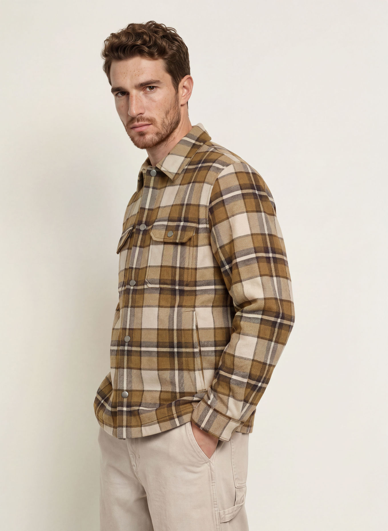 WOOLRICH Overshirt: COGNAC / CREAM / DARK GRAY