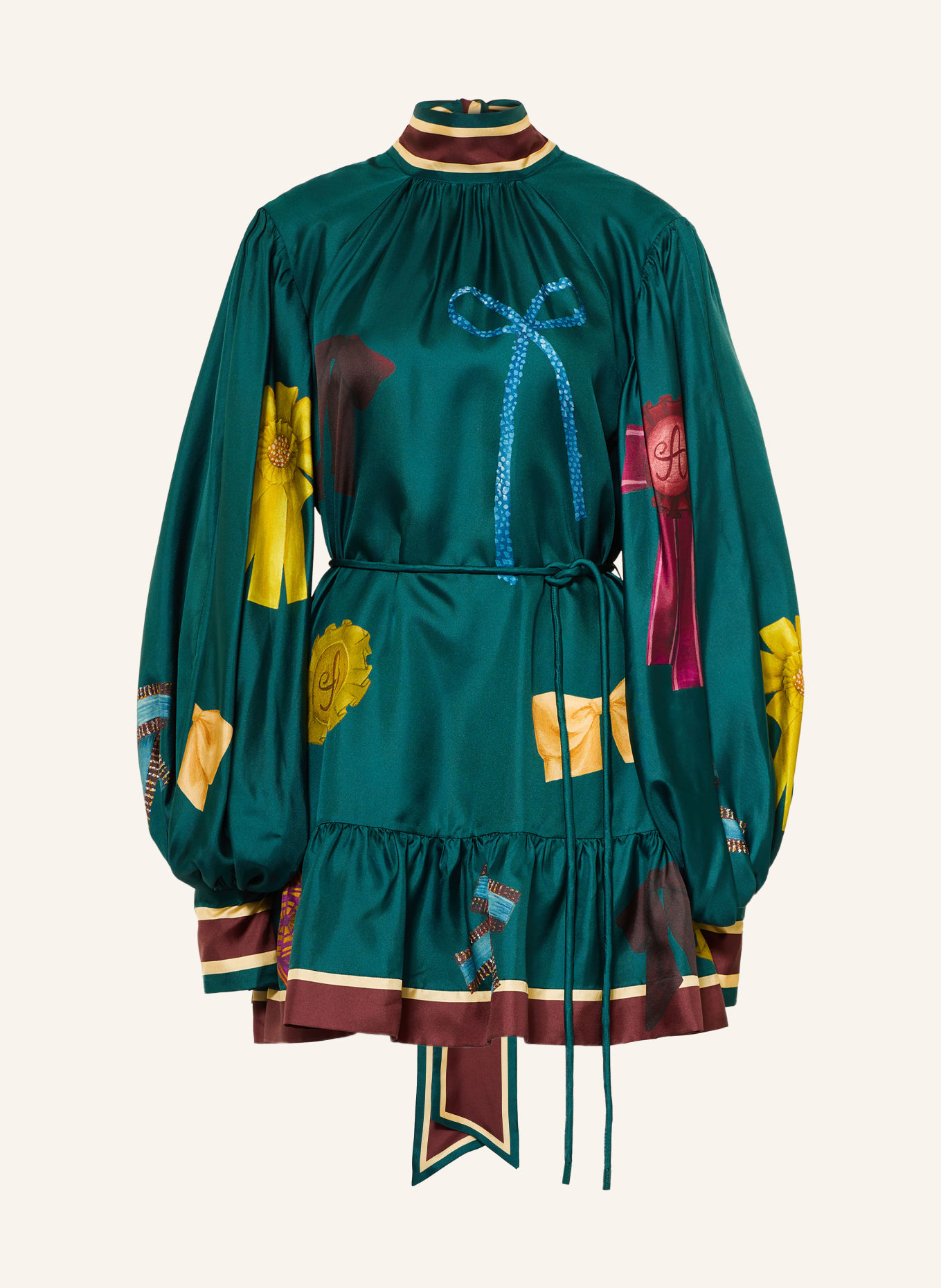 ALÉMAIS Robe en soie ROSETTE: BLEU PÉTROLE / OR / ROUGE FONCÉ