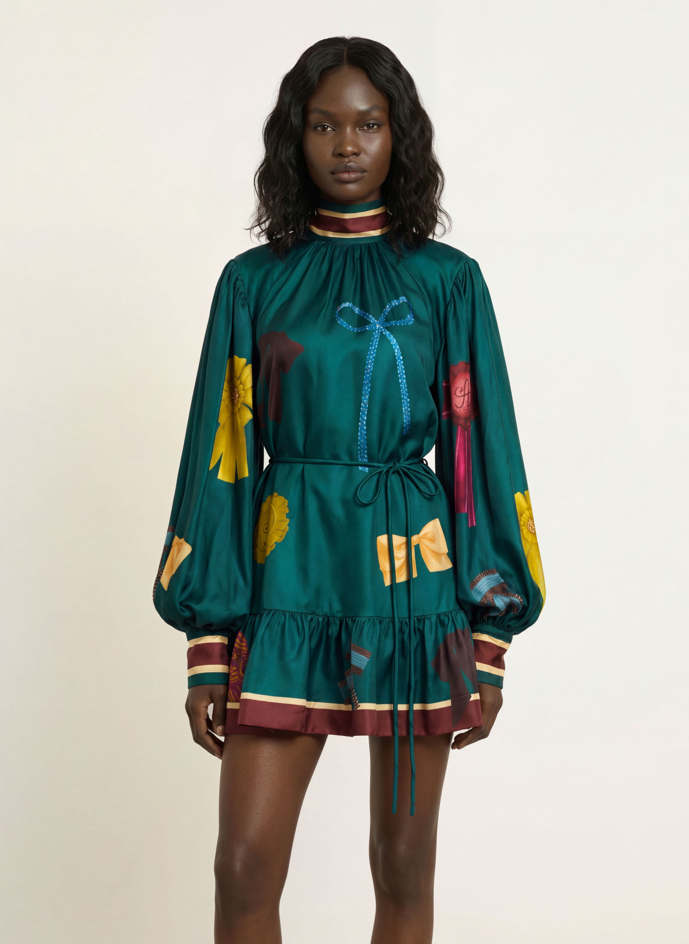 ALÉMAIS Robe en soie ROSETTE: BLEU PÉTROLE / OR / ROUGE FONCÉ