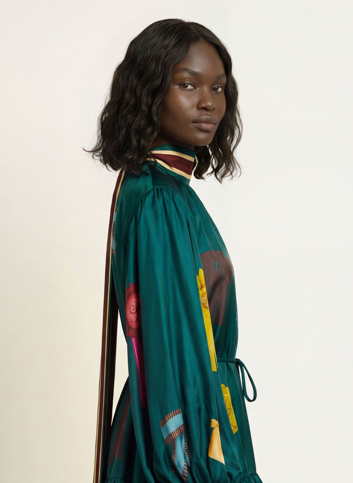 ALÉMAIS Robe en soie ROSETTE: BLEU PÉTROLE / OR / ROUGE FONCÉ