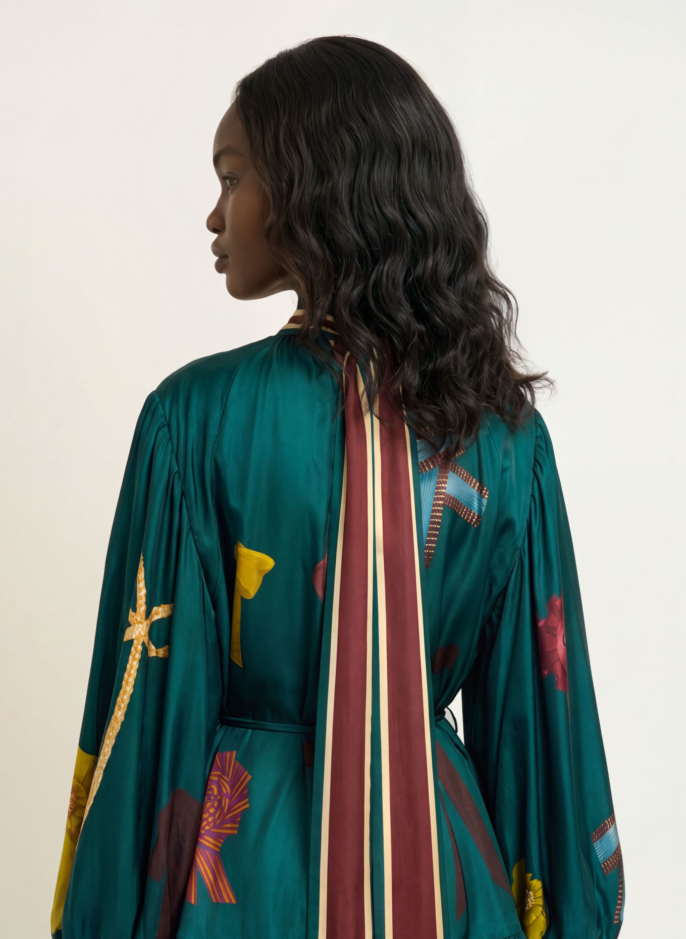 ALÉMAIS Robe en soie ROSETTE: BLEU PÉTROLE / OR / ROUGE FONCÉ
