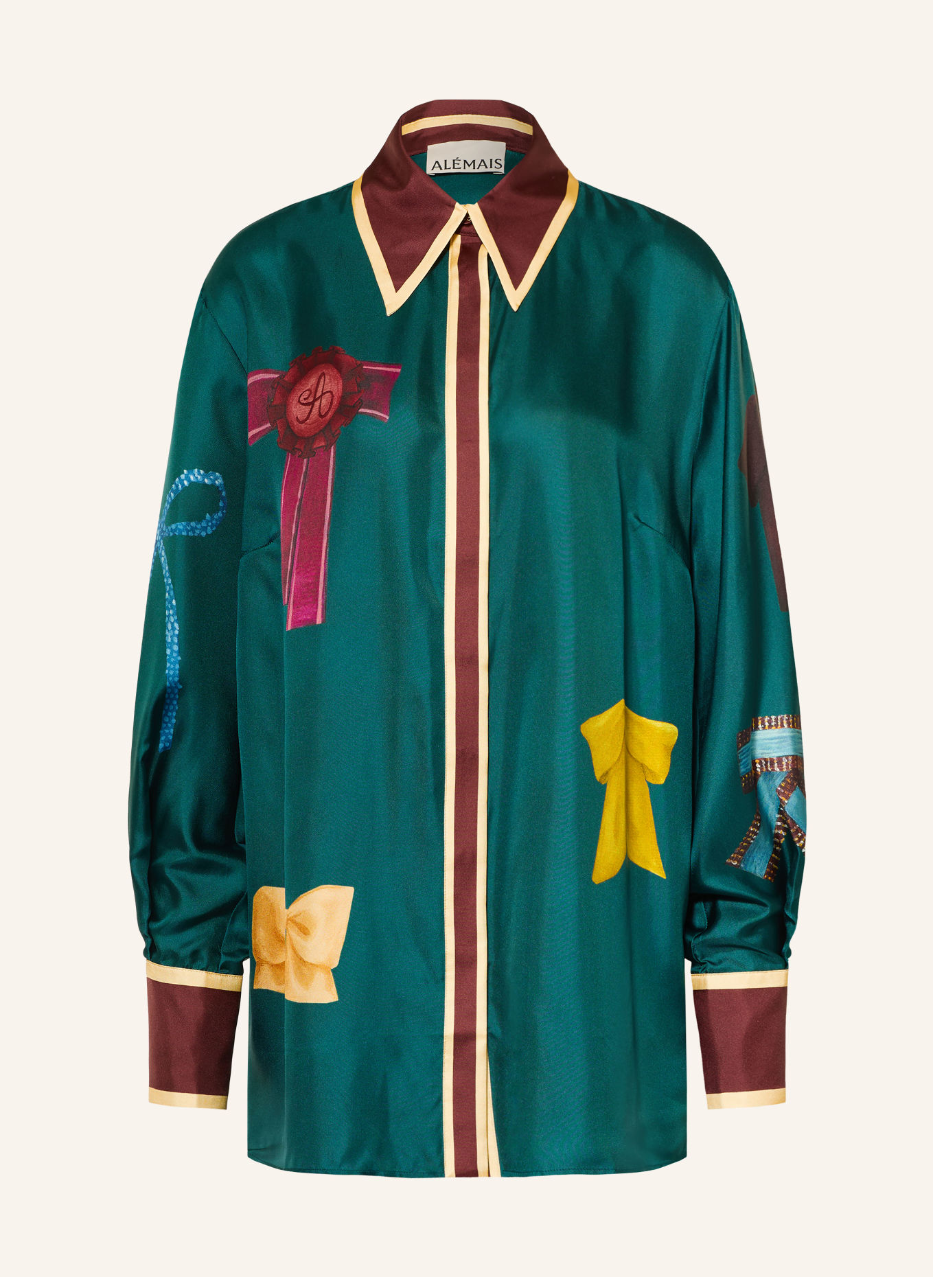 ALÉMAIS Zijden overhemdblouse ROSETTE: PETROL / GOUD / DONKERROOD