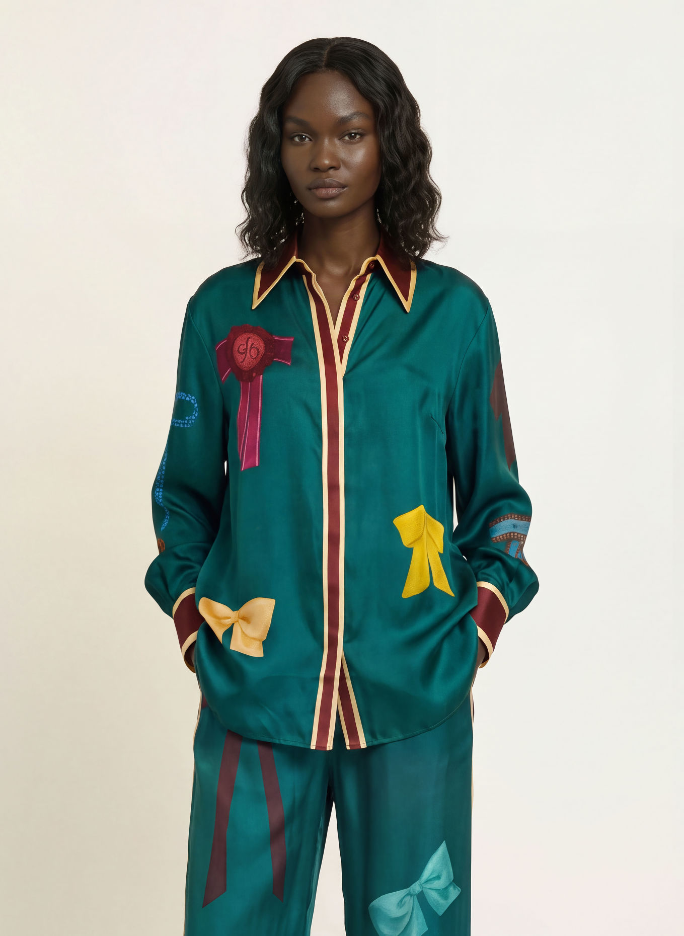 ALÉMAIS Zijden overhemdblouse ROSETTE: PETROL / GOUD / DONKERROOD