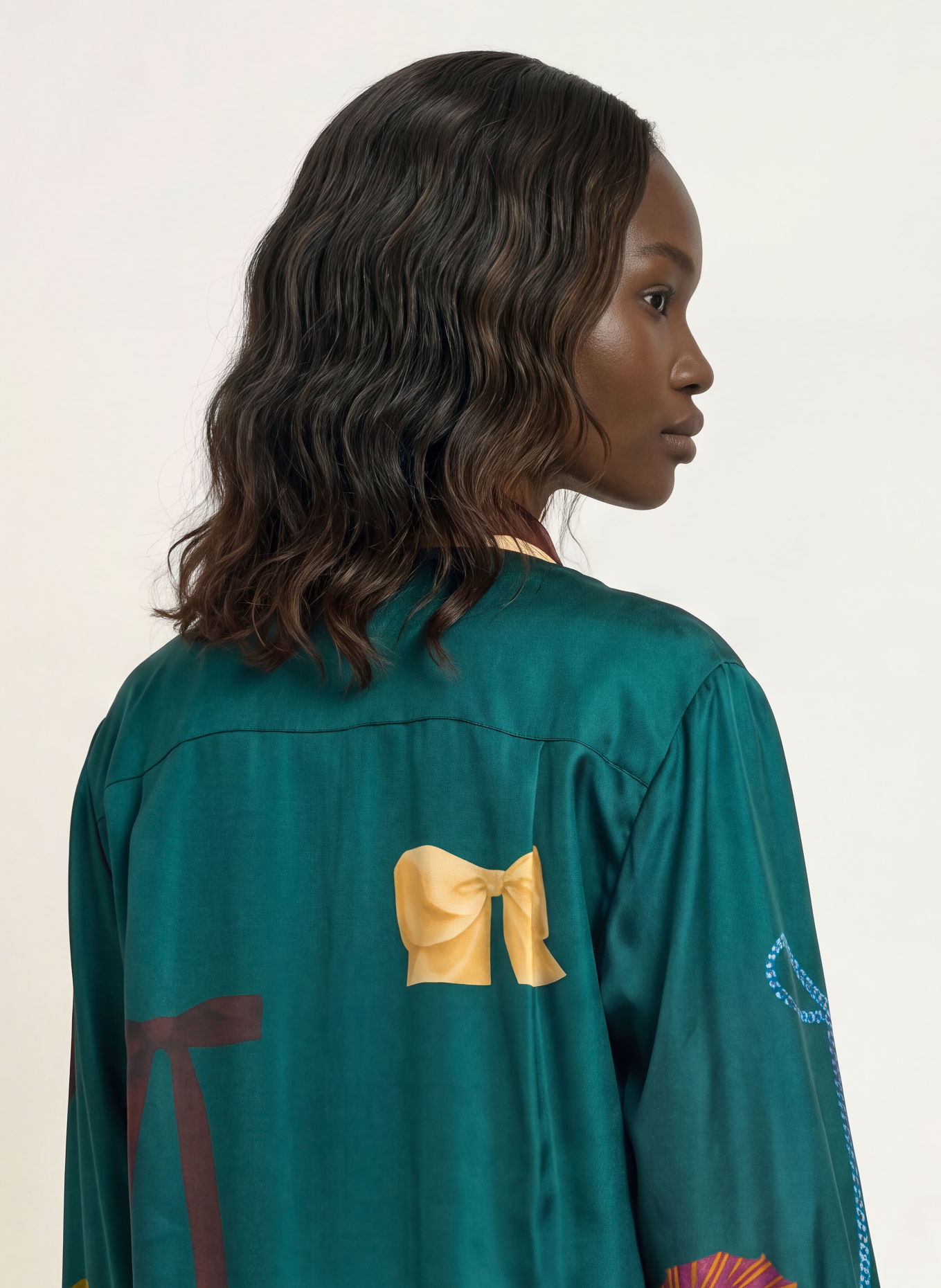 ALÉMAIS Zijden overhemdblouse ROSETTE: PETROL / GOUD / DONKERROOD