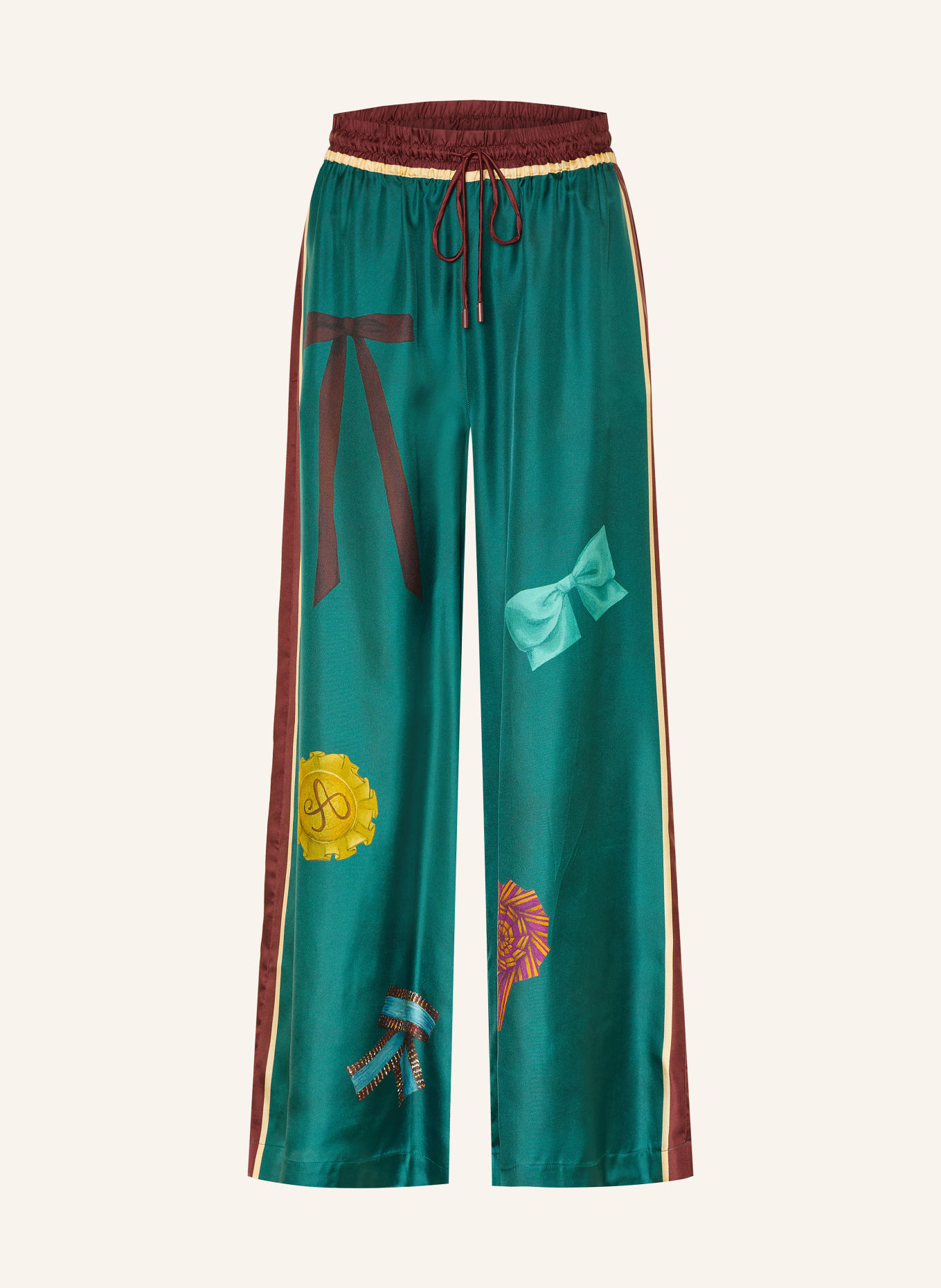 ALÉMAIS Pantalon en soie ROSETTE: BLEU PÉTROLE / MARRON / JAUNE CLAIR