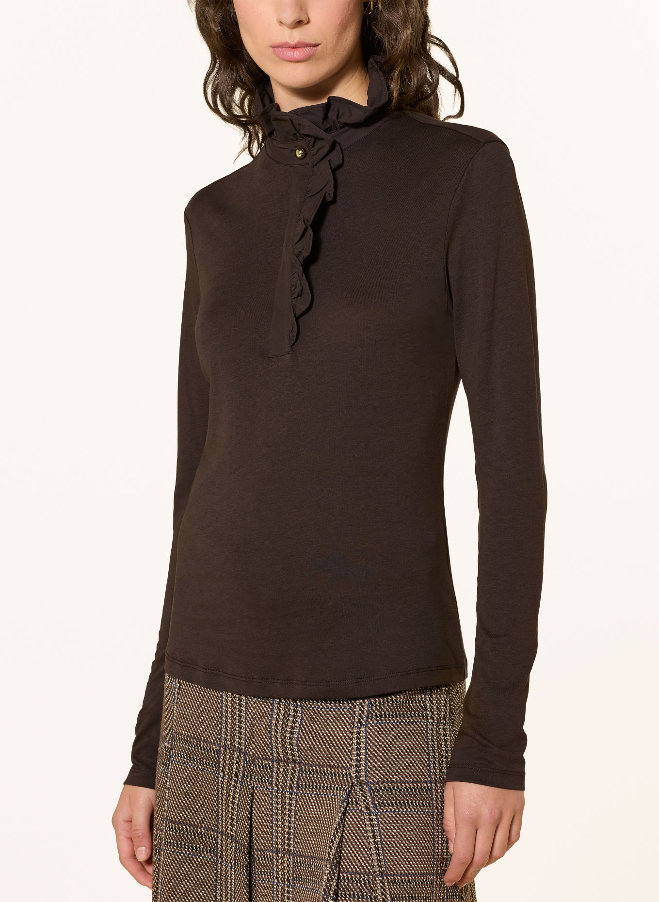 Rich & Royal Longsleeve met lange mouwen en ruches: MARRON FONCÉ