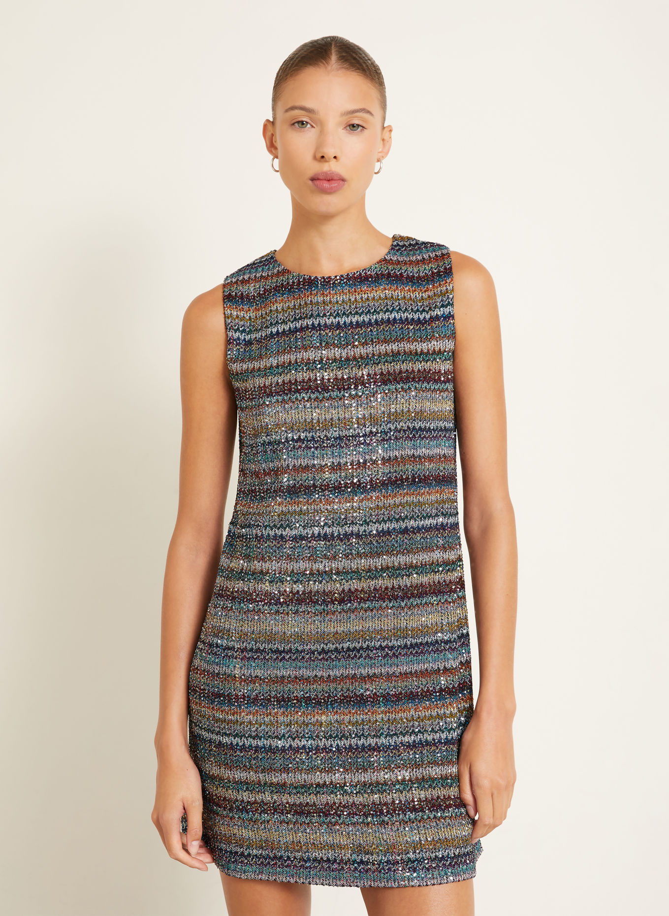 MISSONI Knit dress with sequins and glittery yarn: LIGHT GRAY / DARK RED / BLUE