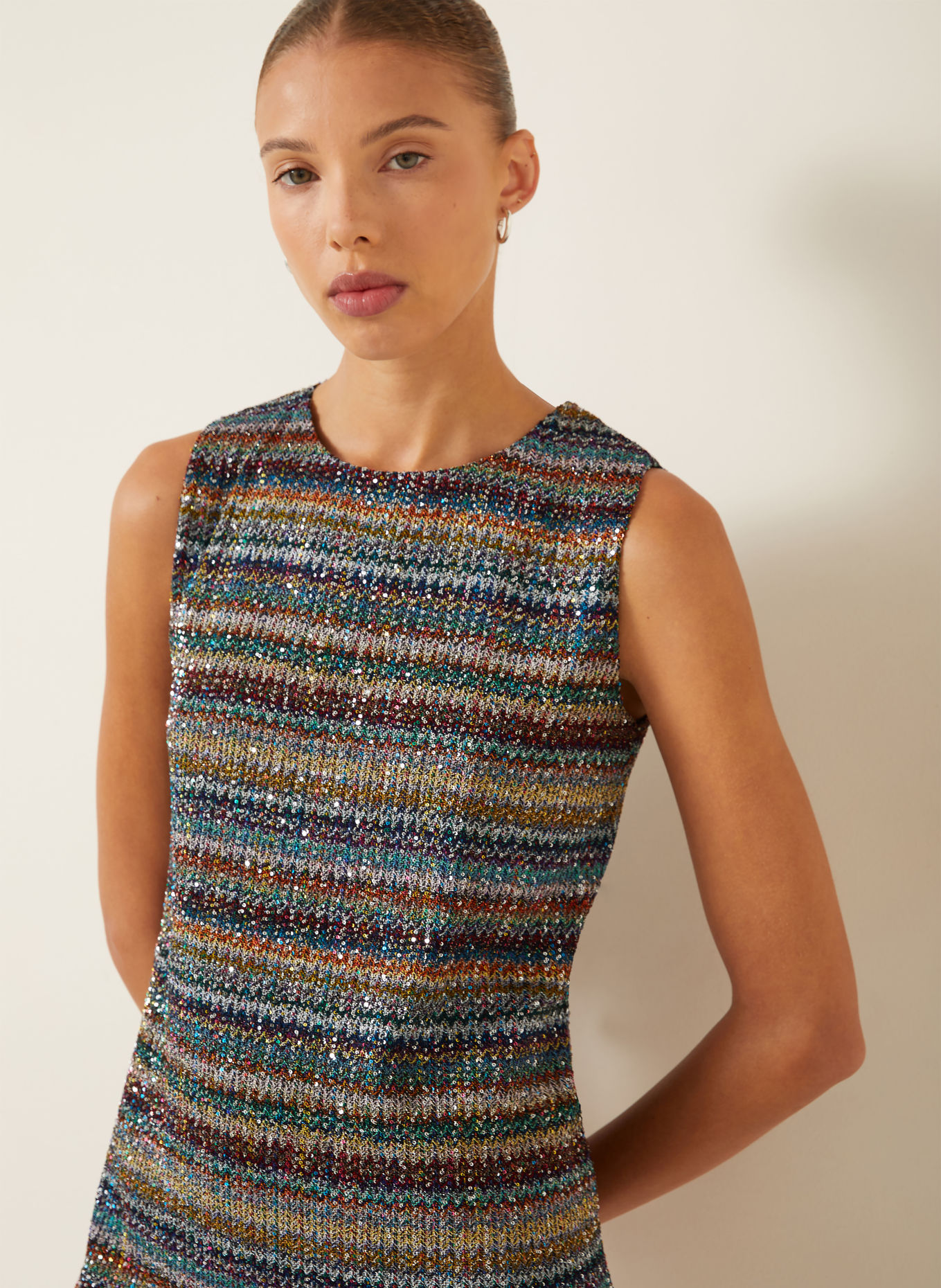 MISSONI Knit dress with sequins and glittery yarn: LIGHT GRAY / DARK RED / BLUE