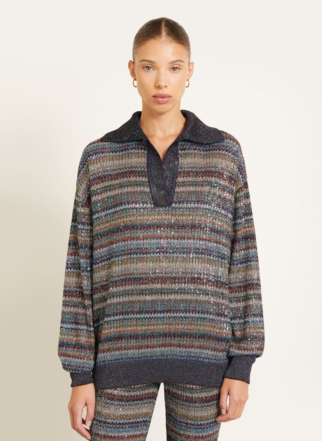 MISSONI Sweater with sequins and glittery yarn: LIGHT GRAY / DARK RED / DARK BLUE