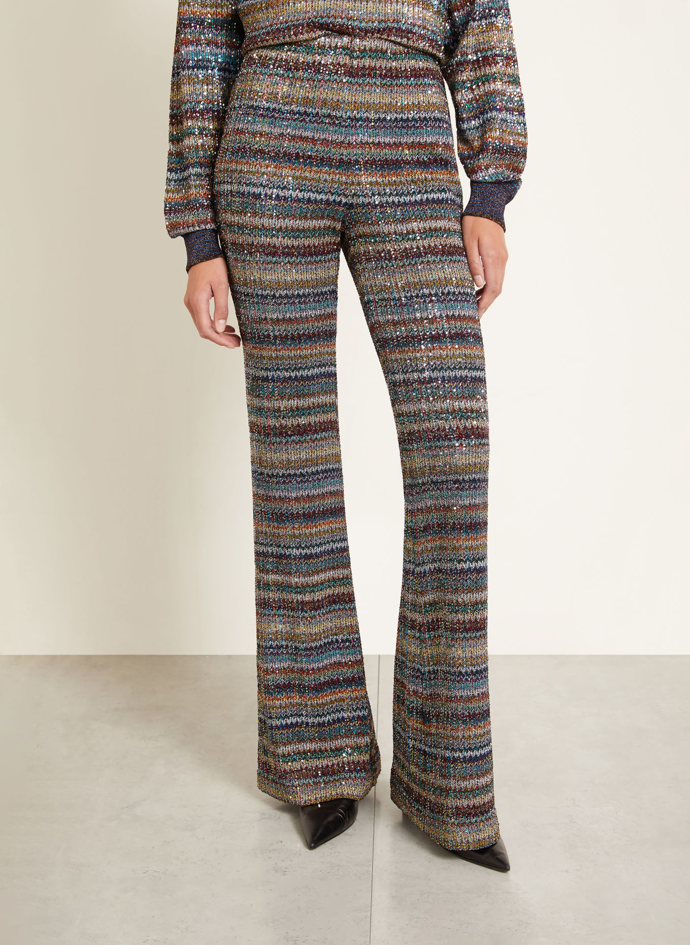 MISSONI Knitted pants with sequins and glittery yarn: LIGHT GRAY / DARK RED / DARK BLUE