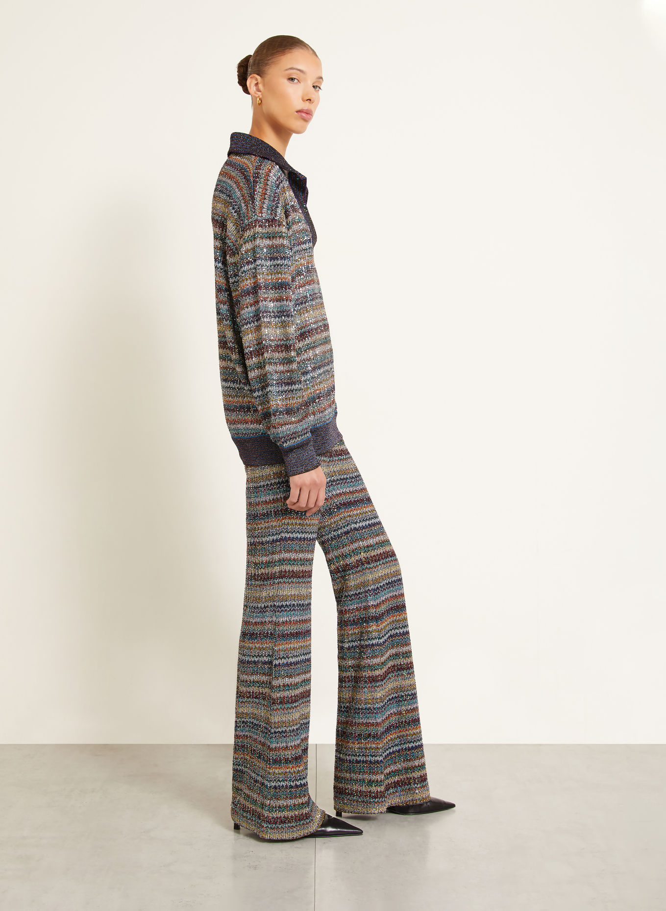 MISSONI Knitted pants with sequins and glittery yarn: LIGHT GRAY / DARK RED / DARK BLUE