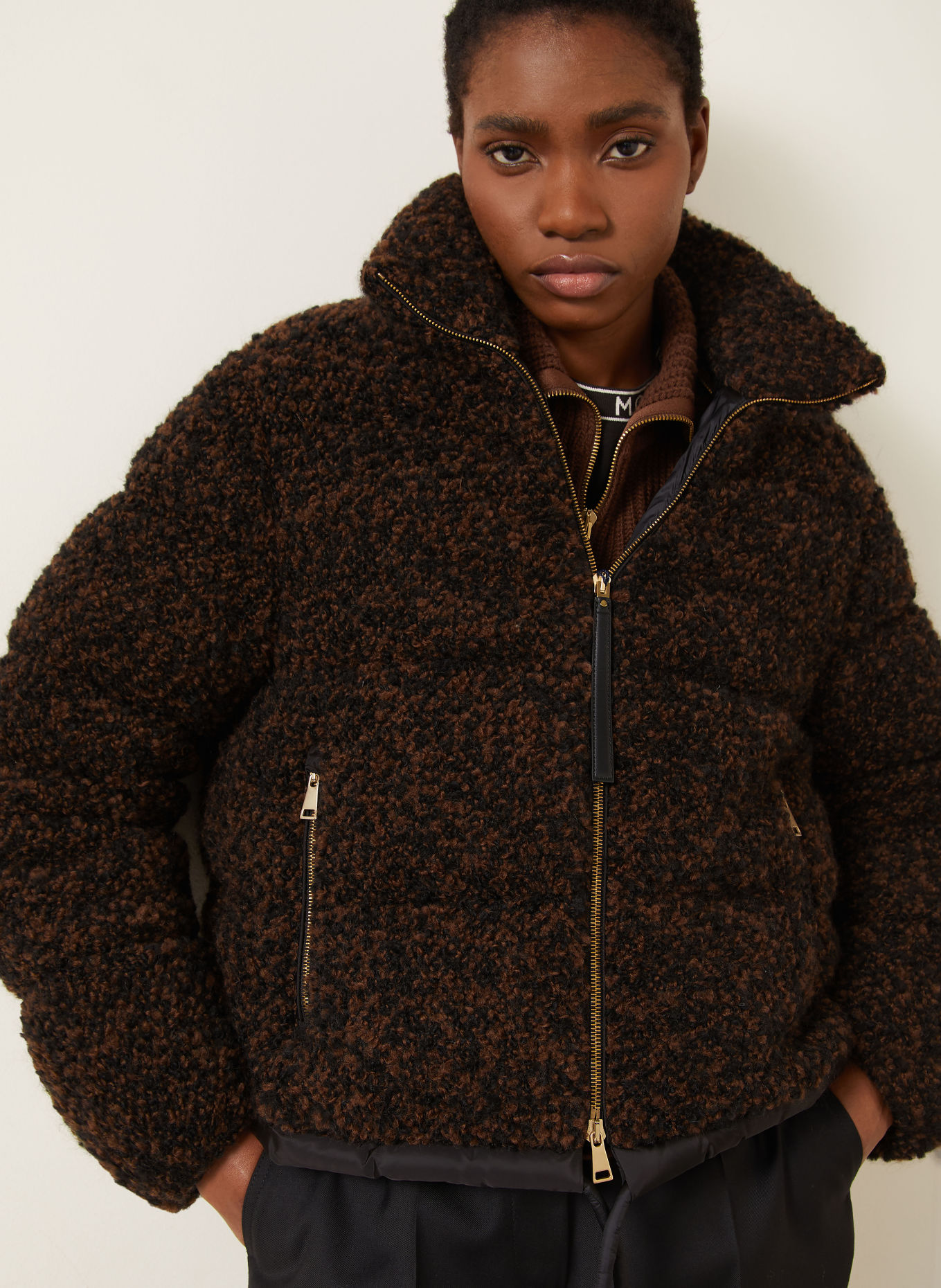MONCLER TRASCENDANCE Teddy Fur Jacket: DARK BROWN / BLACK