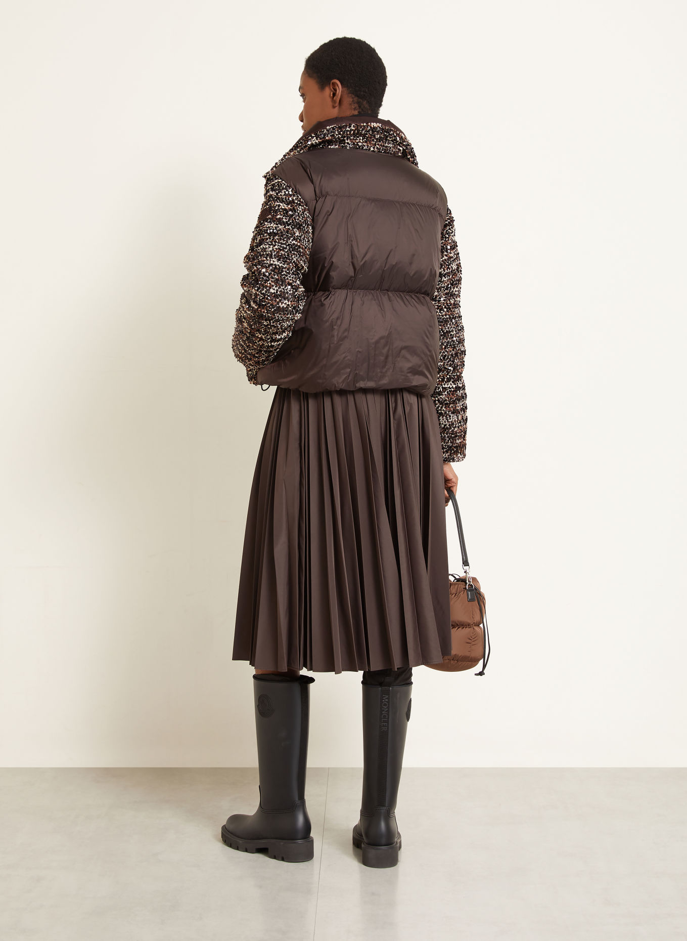 MONCLER POETIQUE down jacket in a blend of materials with removable sleeves: DARK BROWN / BEIGE / BLACK