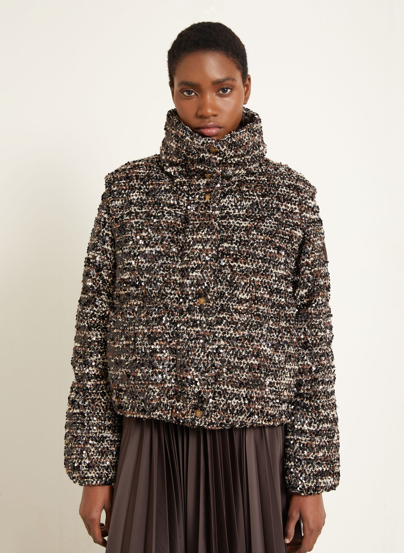 MONCLER POETIQUE down jacket in a blend of materials with removable sleeves: DARK BROWN / BEIGE / BLACK