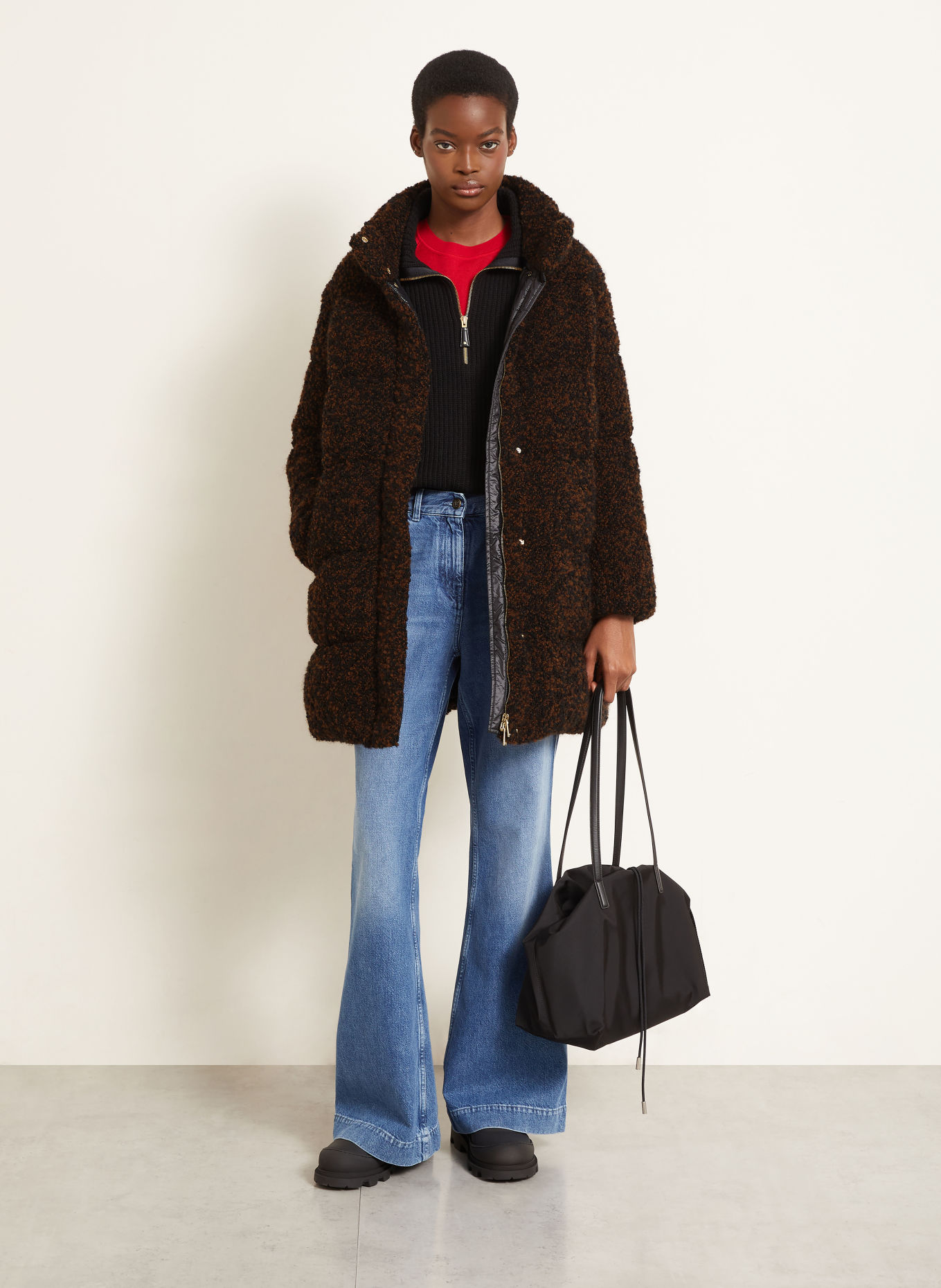 MONCLER Lightweight donsjas van bouclé: ZWART / BRUIN