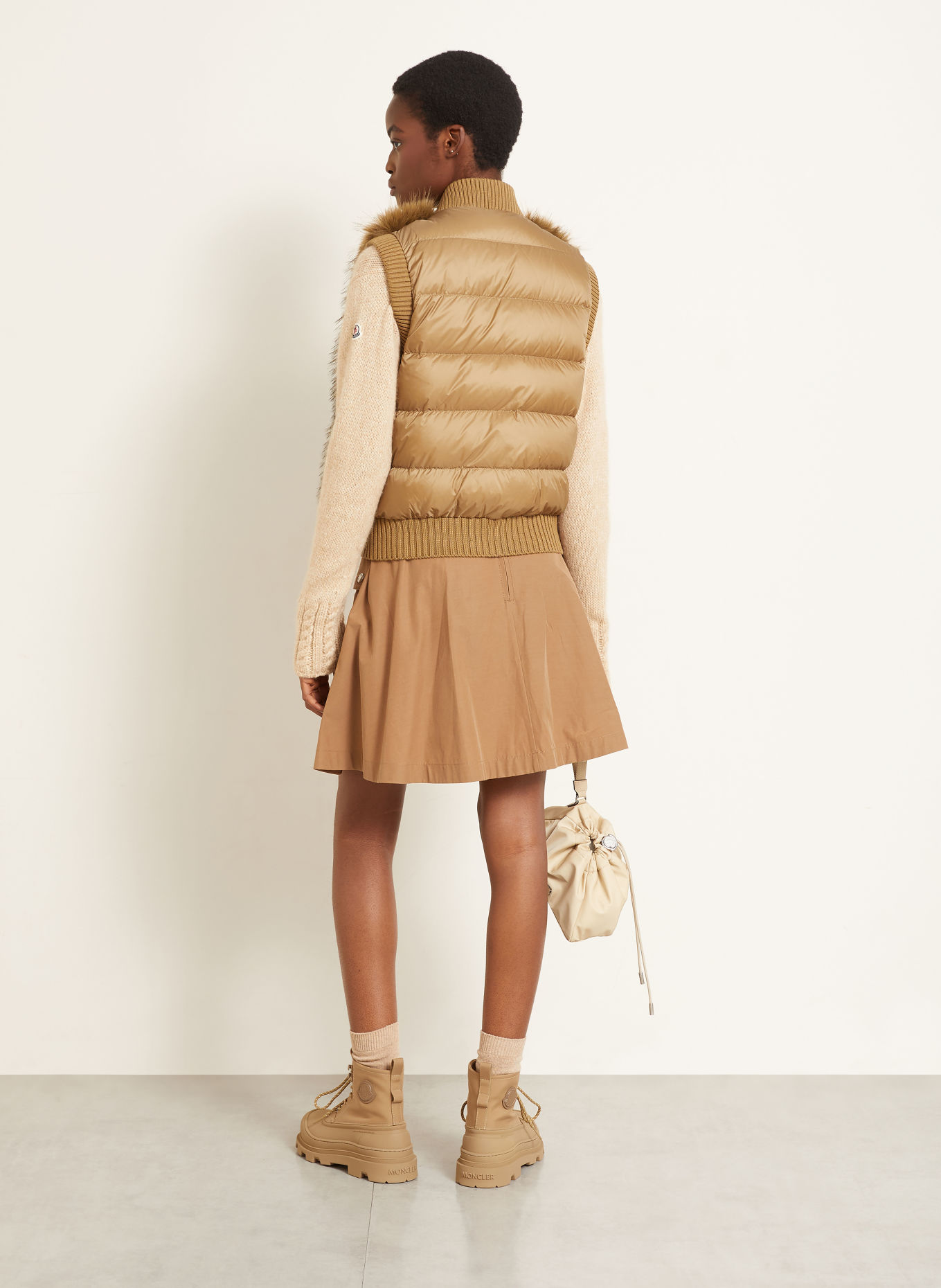 MONCLER Kunstfell-Weste im Materialmix: BRAUN