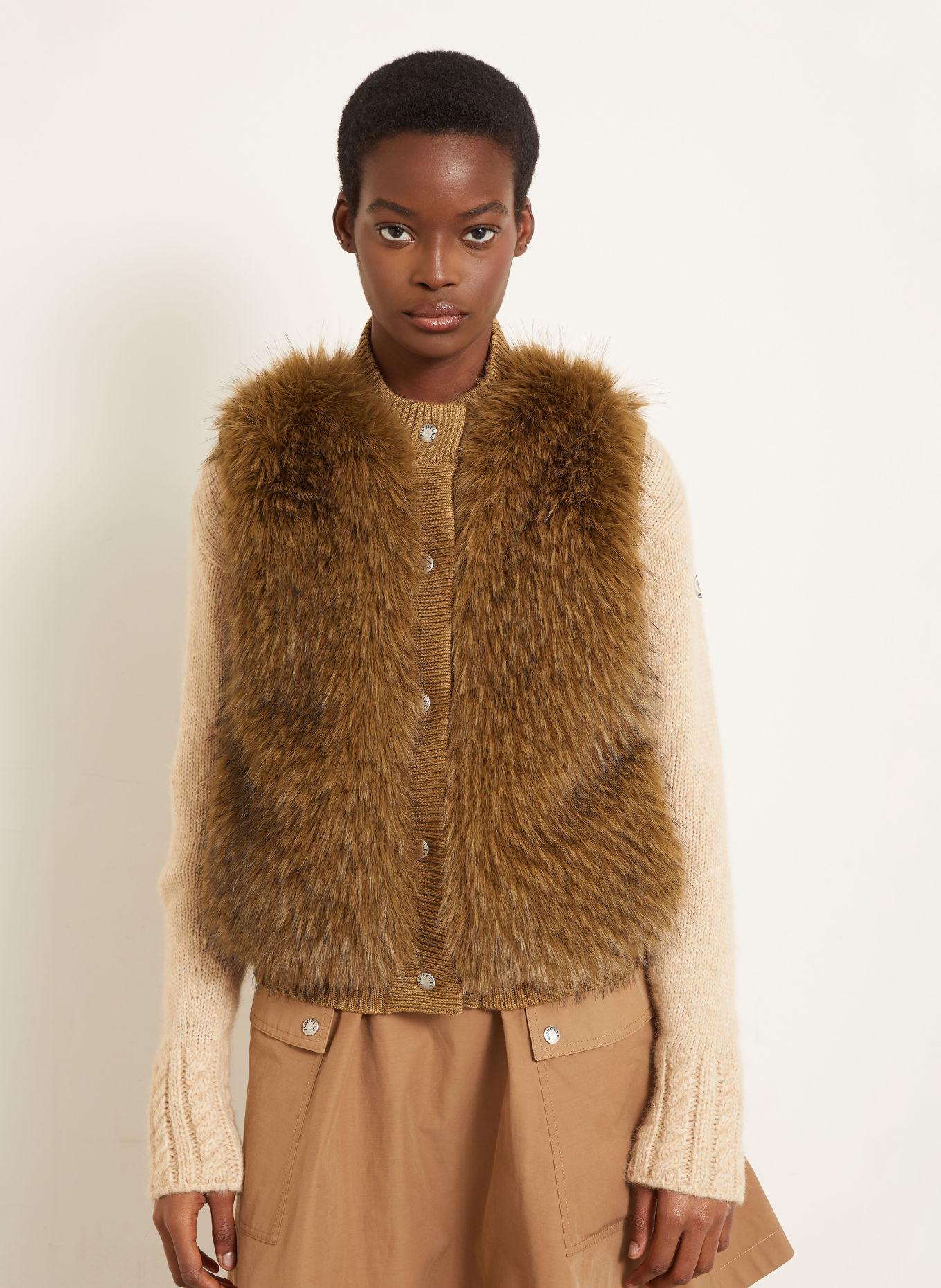 MONCLER Kunstfell-Weste im Materialmix: BRAUN