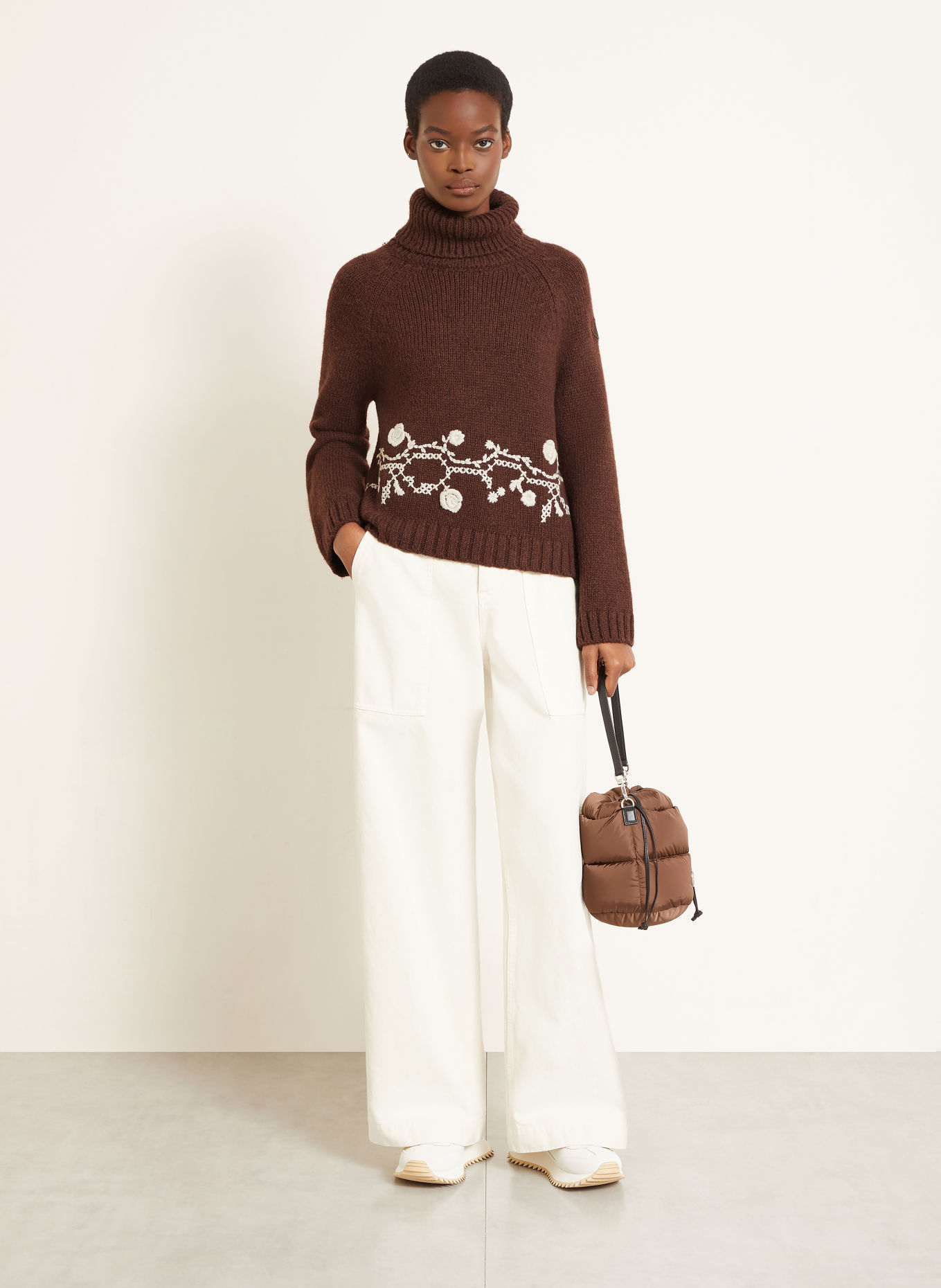 MONCLER Pull à col roulé en alpaga: MARRON FONCÉ / GRIS CLAIR