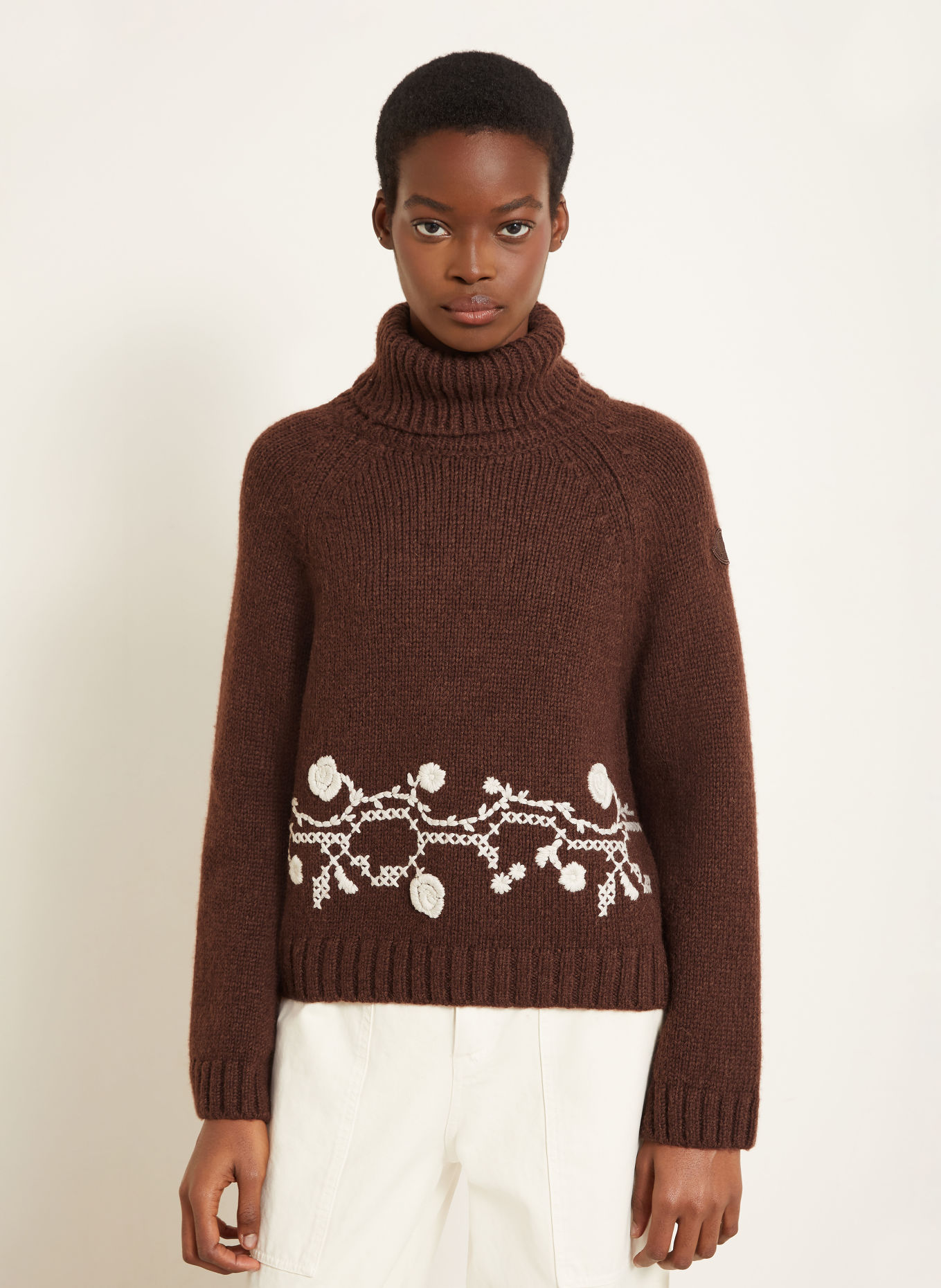 MONCLER Pull à col roulé en alpaga: MARRON FONCÉ / GRIS CLAIR