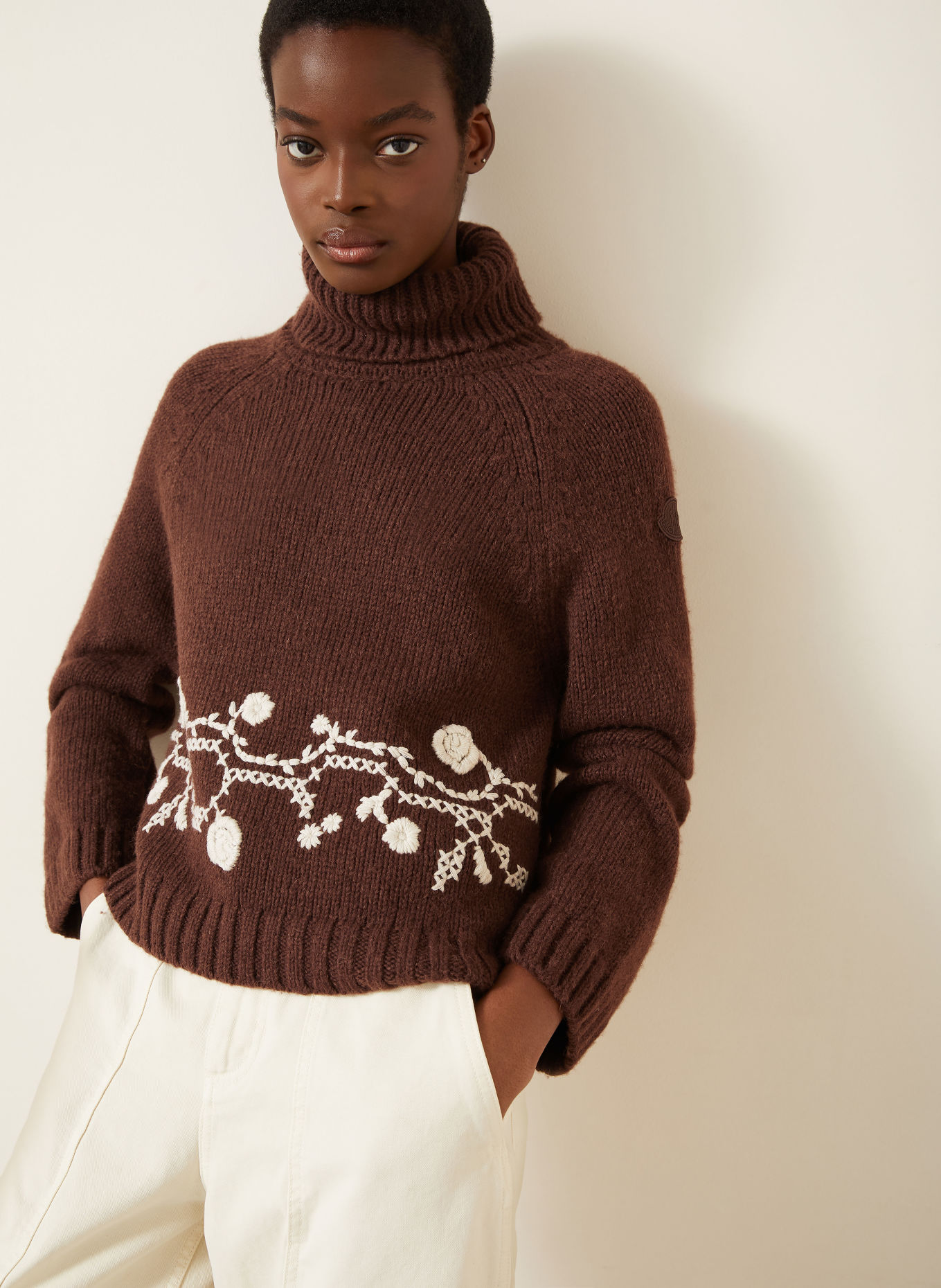 MONCLER Pull à col roulé en alpaga: MARRON FONCÉ / GRIS CLAIR