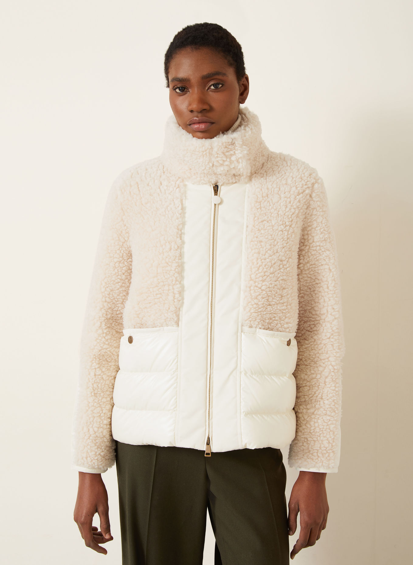 MONCLER Daunenjacke GLORIEUX im Materialmix mit Teddyfell: CREME / BEIGE