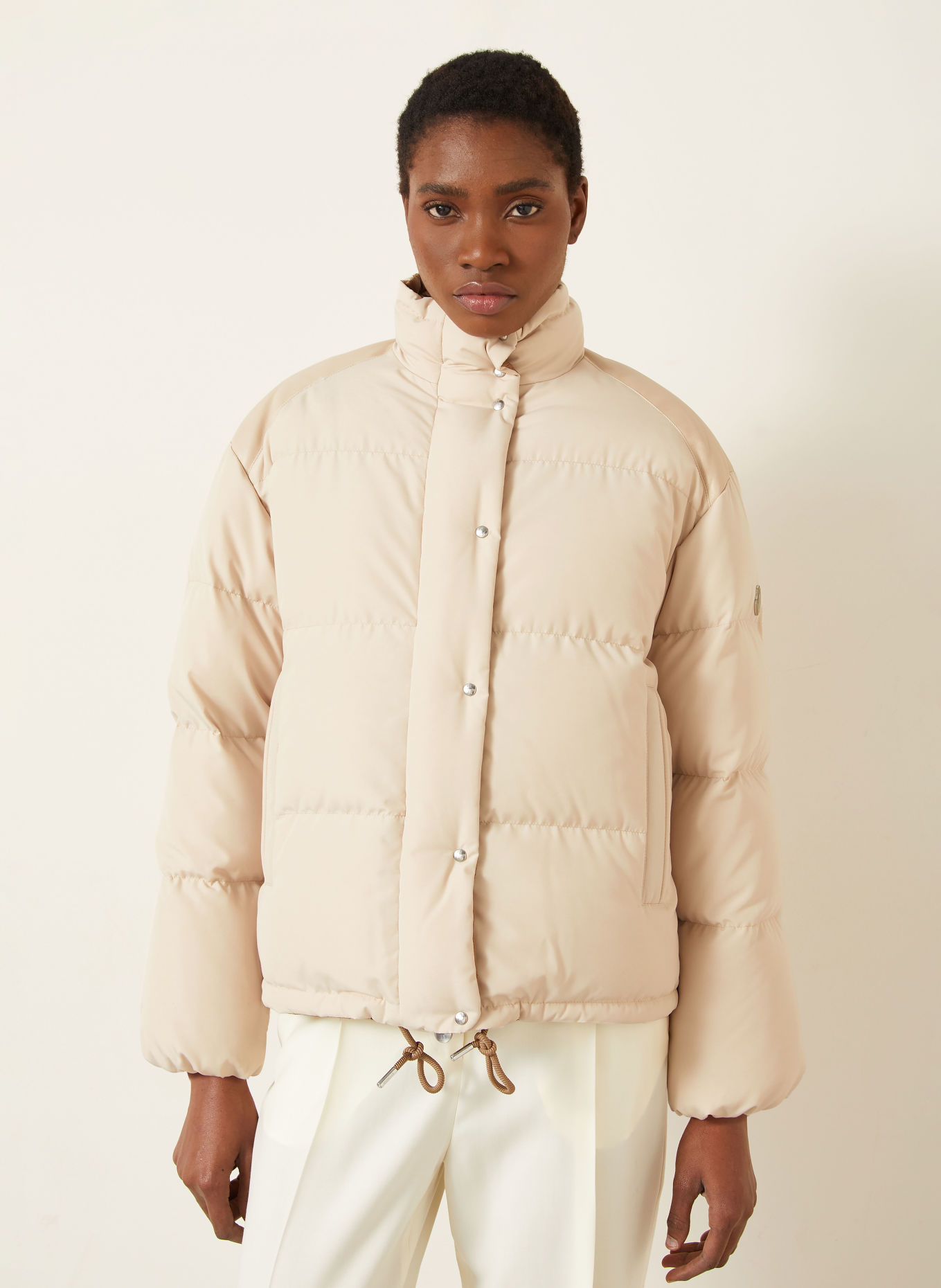 MONCLER VERONE Down Jacket with Leather: BEIGE