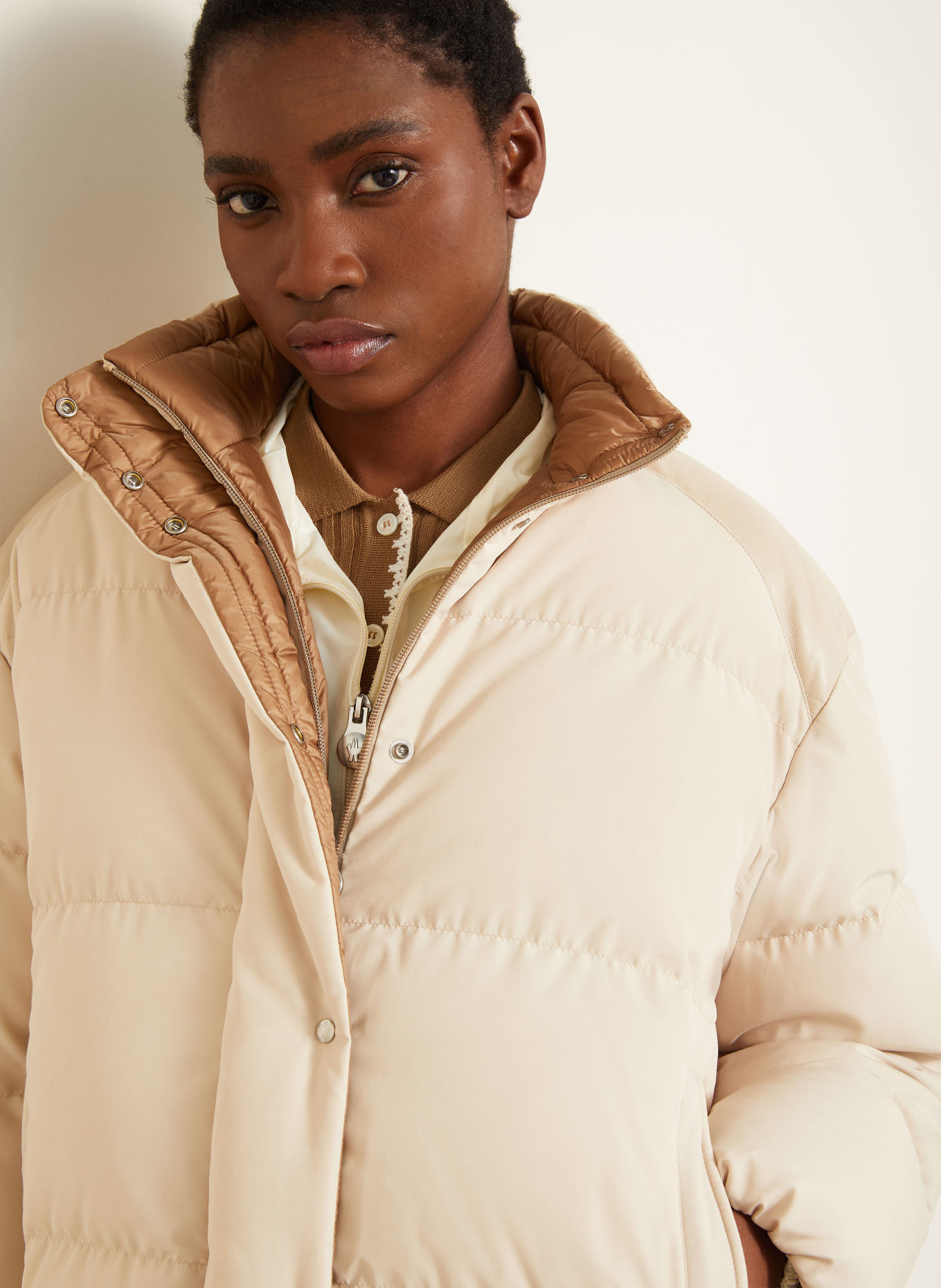 MONCLER VERONE Down Jacket with Leather: BEIGE