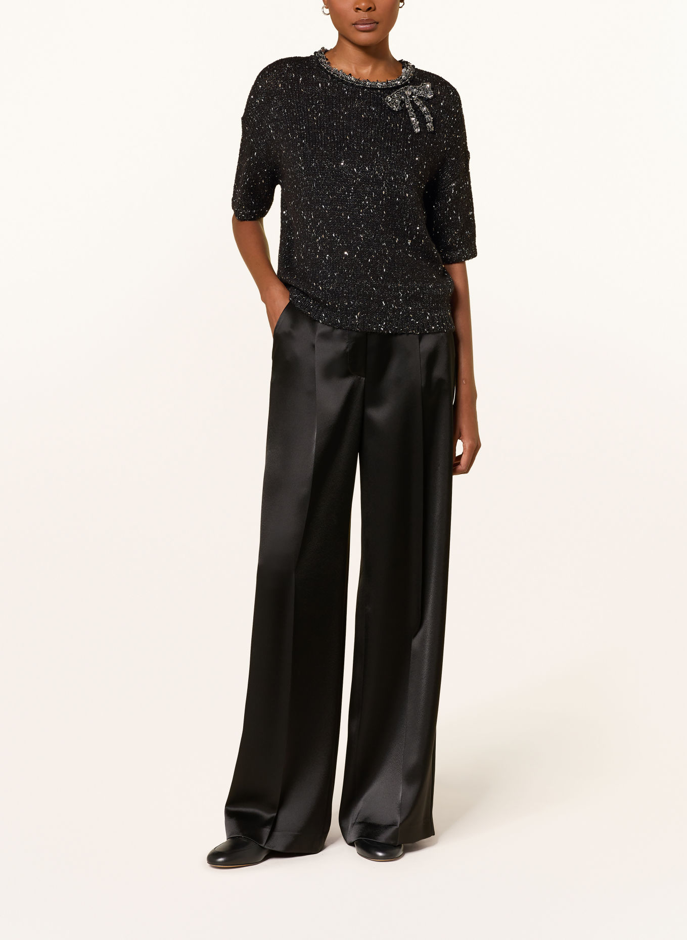 LUISA CERANO Knit shirt with sequins and rhinestones: BLACK